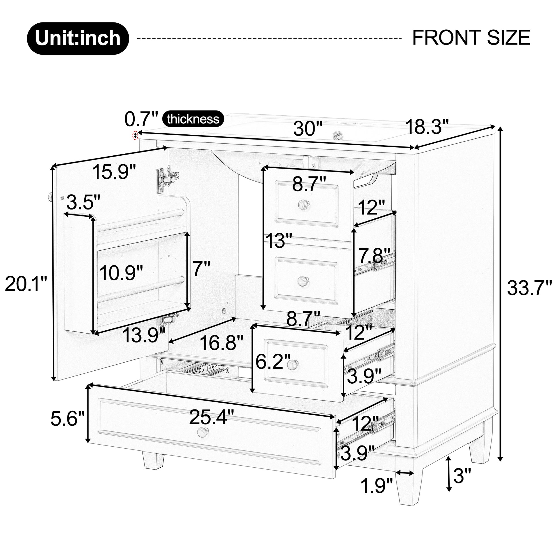 30" Bathroom Vanity With Sink, One Door With Shelf And Three Drawers, Soft Close Door, Green Green Ceramic Mdf,Rubber Wood