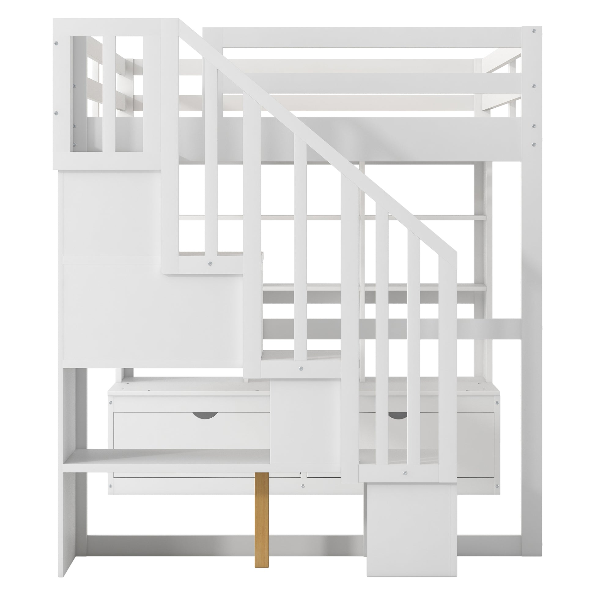 Full Size Loft Bed With Desk And Shelves, Two Built In Drawers, Storage Staircase, White Full White Plywood,Solid Wood Mdf