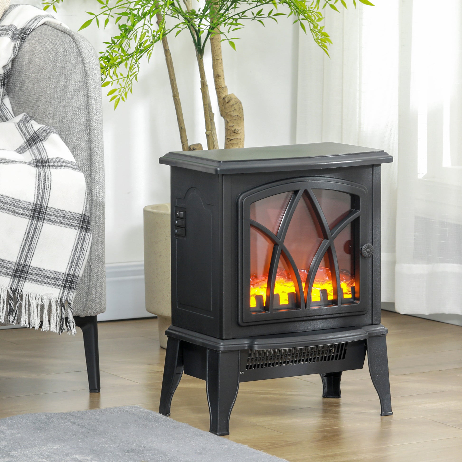 Homcom Electric Fireplace Stove, 18" Freestanding Fireplace Heater With Realistic Flame, Overheating Protection, Portable, 750W 1500W, Black Black Plastic