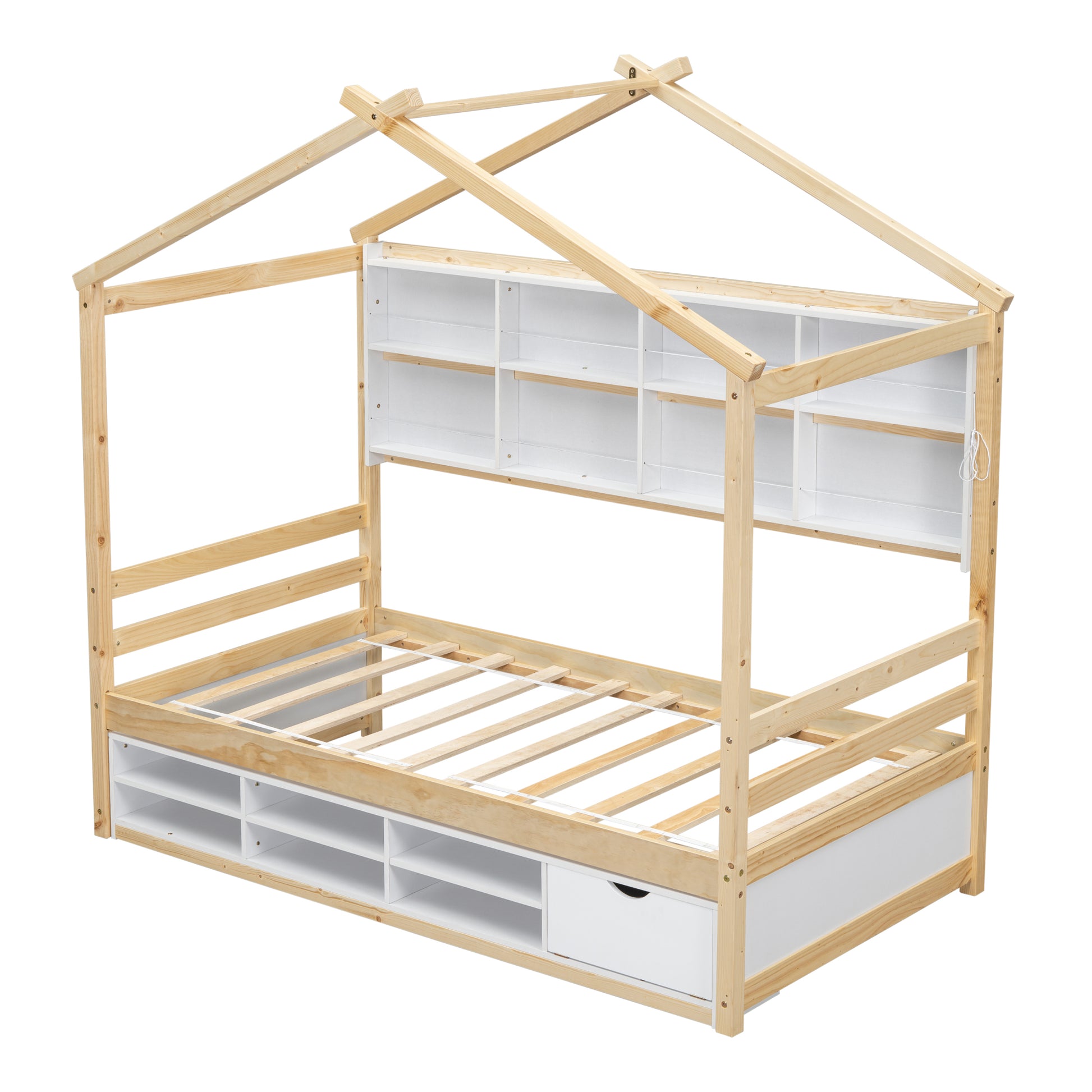 Twin House Bed With Roof Frame, Bedside Shelves, Under Bed Storage Unit,Natural Twin Natural American Design Pine