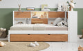 L Shaped Bed Frame With Trundle And And Bookcase,Corner Bed Wooden Captain Bed With Led Downlight And Usb Port For Small Room,Bedroom, Guest Room, Twin Size, Walnut And White Box Spring Not Required Twin White Walnut Wood Bedroom Modern Pine Bed Frame