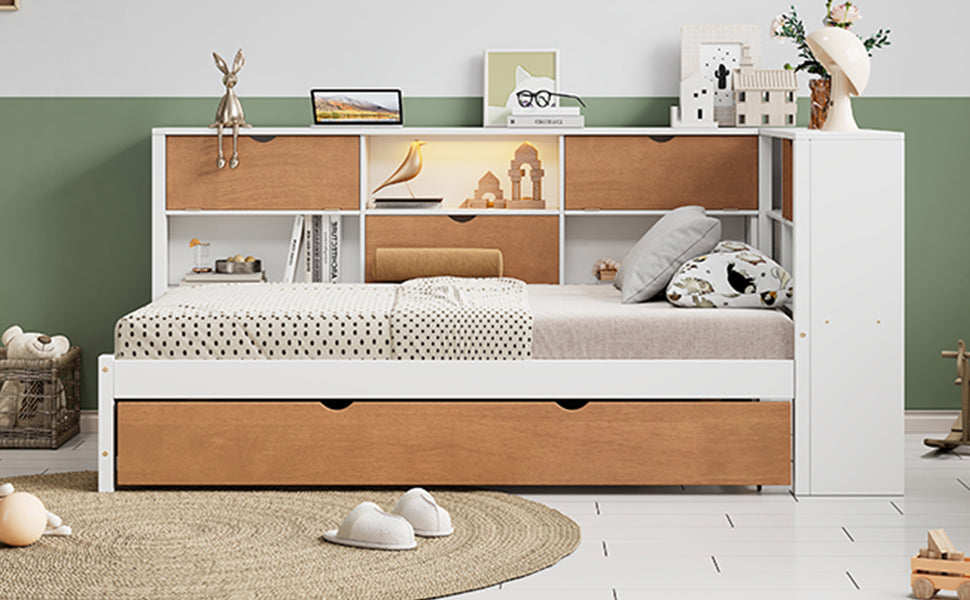 L Shaped Bed Frame With Trundle And And Bookcase,Corner Bed Wooden Captain Bed With Led Downlight And Usb Port For Small Room,Bedroom, Guest Room, Twin Size, Walnut And White Box Spring Not Required Twin White Walnut Wood Bedroom Modern Pine Bed Frame