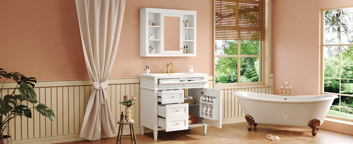 36'' Bathroom Vanity With Medicine Cabinet, Modern Bathroom Storage Cabinet With 2 Soft Closing Doors And 4 Drawers, Single Sink Bathroom Vanity White Bathroom Ceramic,Solid Wood Mdf