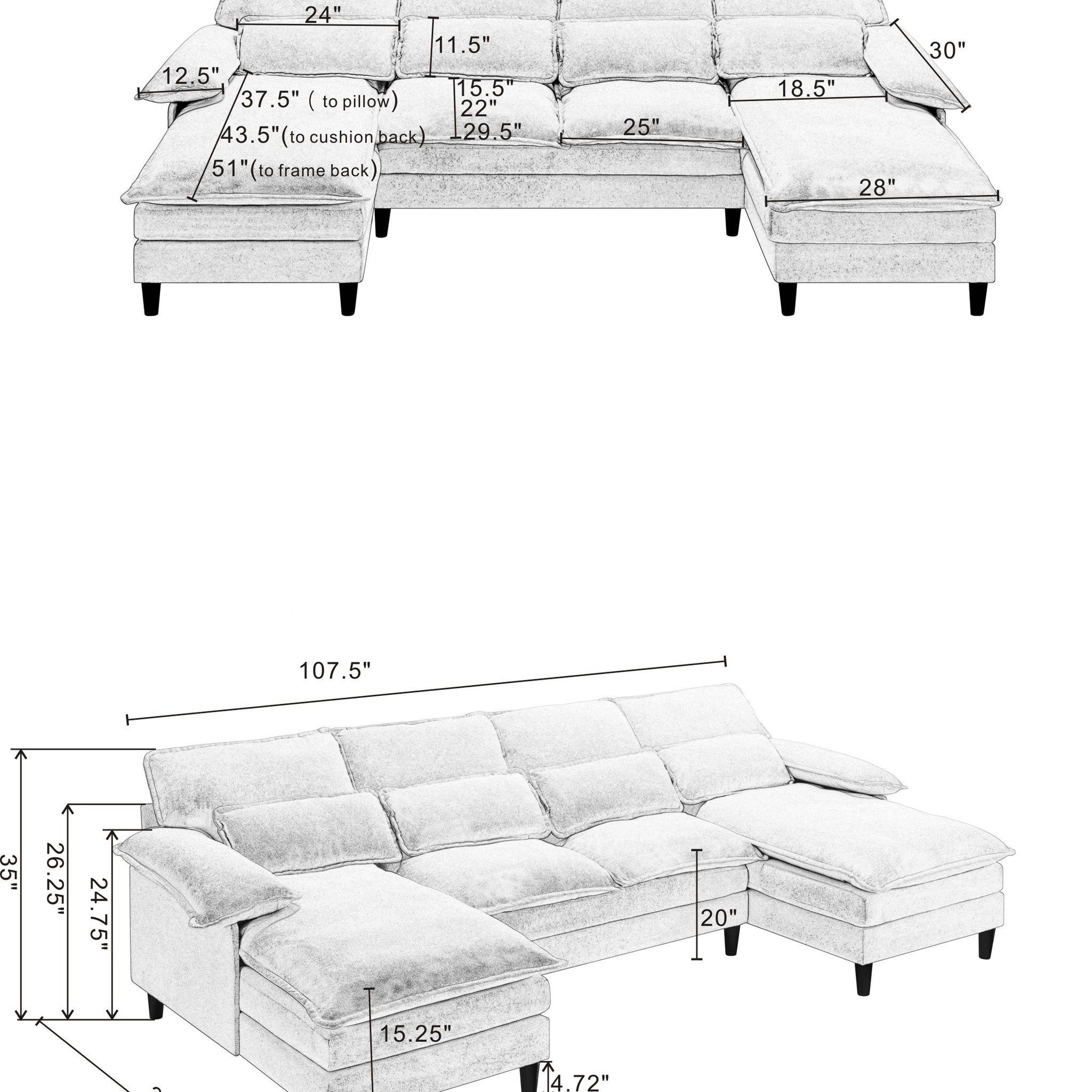 U Shaped Modular Sectional Sofa Couch, Corner Sofa With 4Pcs Waist Pillows, Chaise Lounge, Terrycloth Fabric Sofa,Upholstered 4 Seater Couch For Living Room,Gray Gray Polyester Metal Primary Living Space Medium Soft Cushion Back American Design Pillow