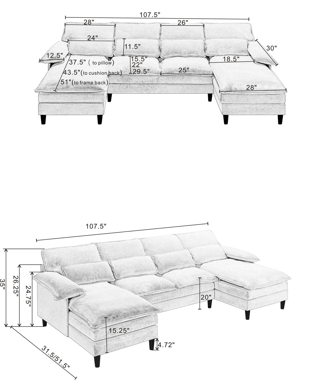 U Shaped Modular Sectional Sofa Couch, Corner Sofa With 4Pcs Waist Pillows, Chaise Lounge, Terrycloth Fabric Sofa,Upholstered 4 Seater Couch For Living Room,Gray Gray Polyester Metal Primary Living Space Medium Soft Cushion Back American Design Pillow