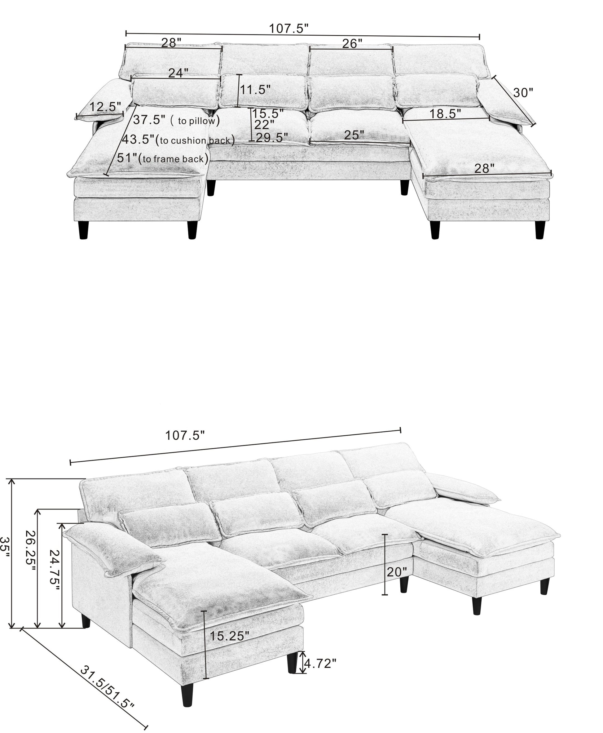 U Shaped Modular Sectional Sofa Couch, Corner Sofa With 4Pcs Waist Pillows, Chaise Lounge, Terrycloth Fabric Sofa,Upholstered 4 Seater Couch For Living Room,Gray Gray Polyester Metal Primary Living Space Medium Soft Cushion Back American Design Pillow