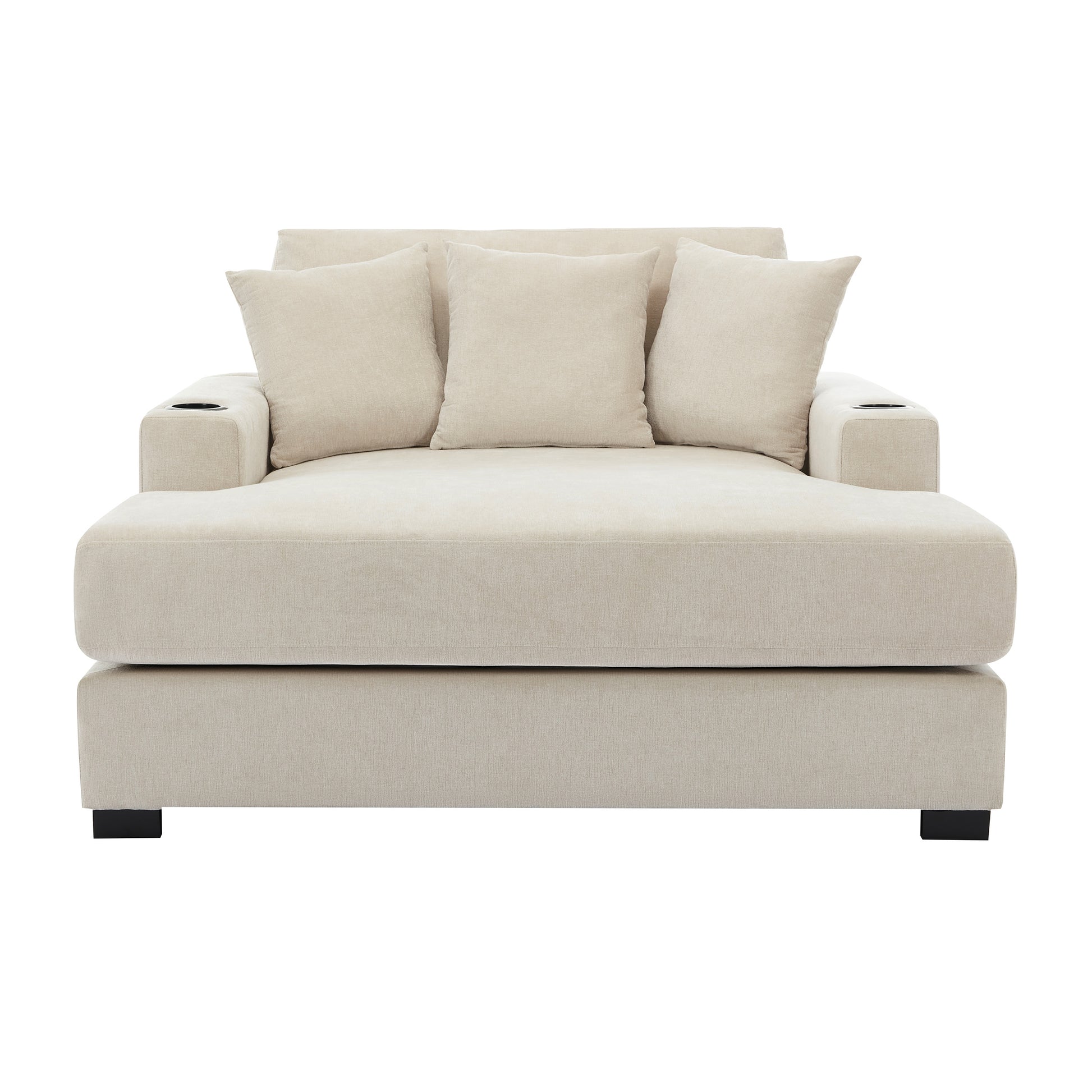 55" Oversized Chaise Lounger Modern Style Sofa Couch ,With Pillows, Charge Station & Cup Holders, Chenille Fabric, Cream Cream Chenille