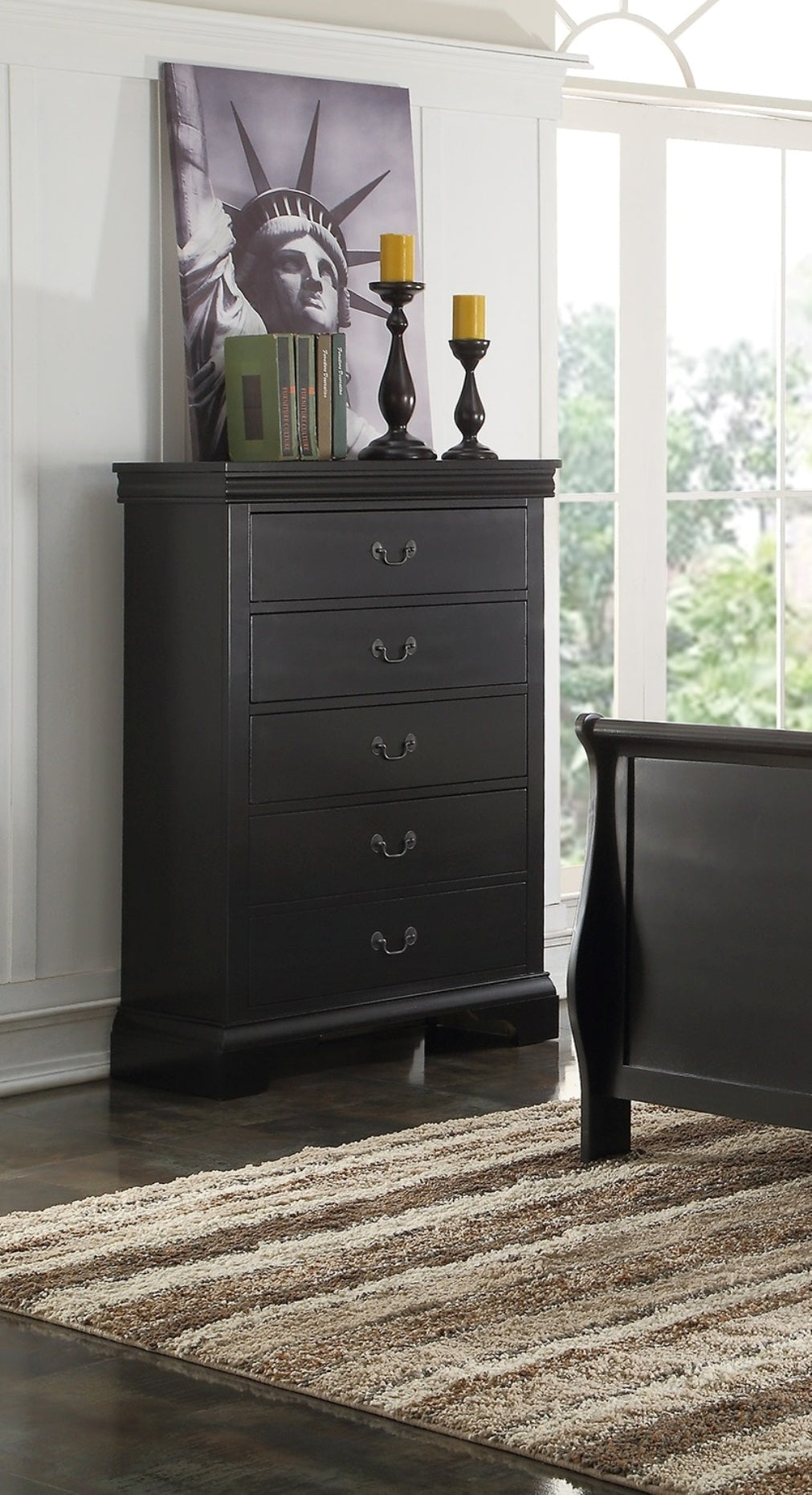 Elegant Bedroom 1Pc Chest Of Drawers Black Color Drawers Tall Chest Plywood Furniture Black Bedroom Contemporary,Modern Pine Solid Wood