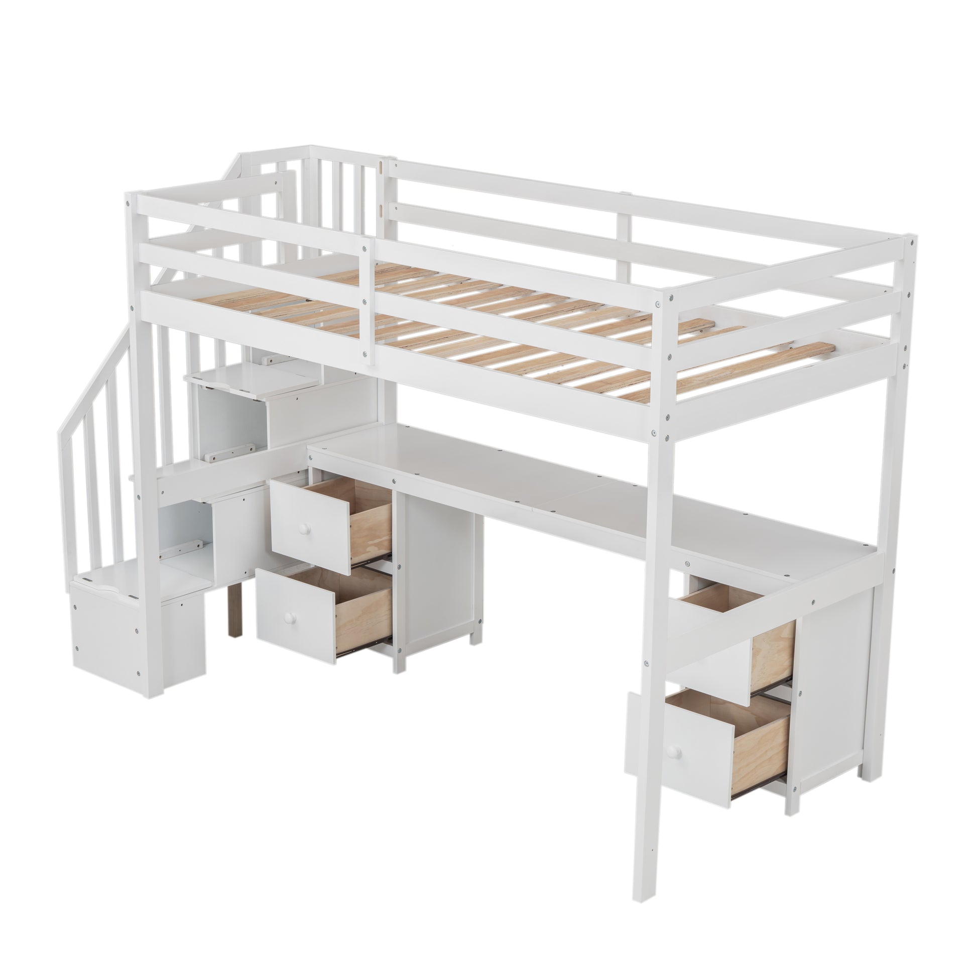 Twin Size Loft Bed Frame With Built In Desk And Double Storage Drawers,White Twin White Solid Wood Mdf