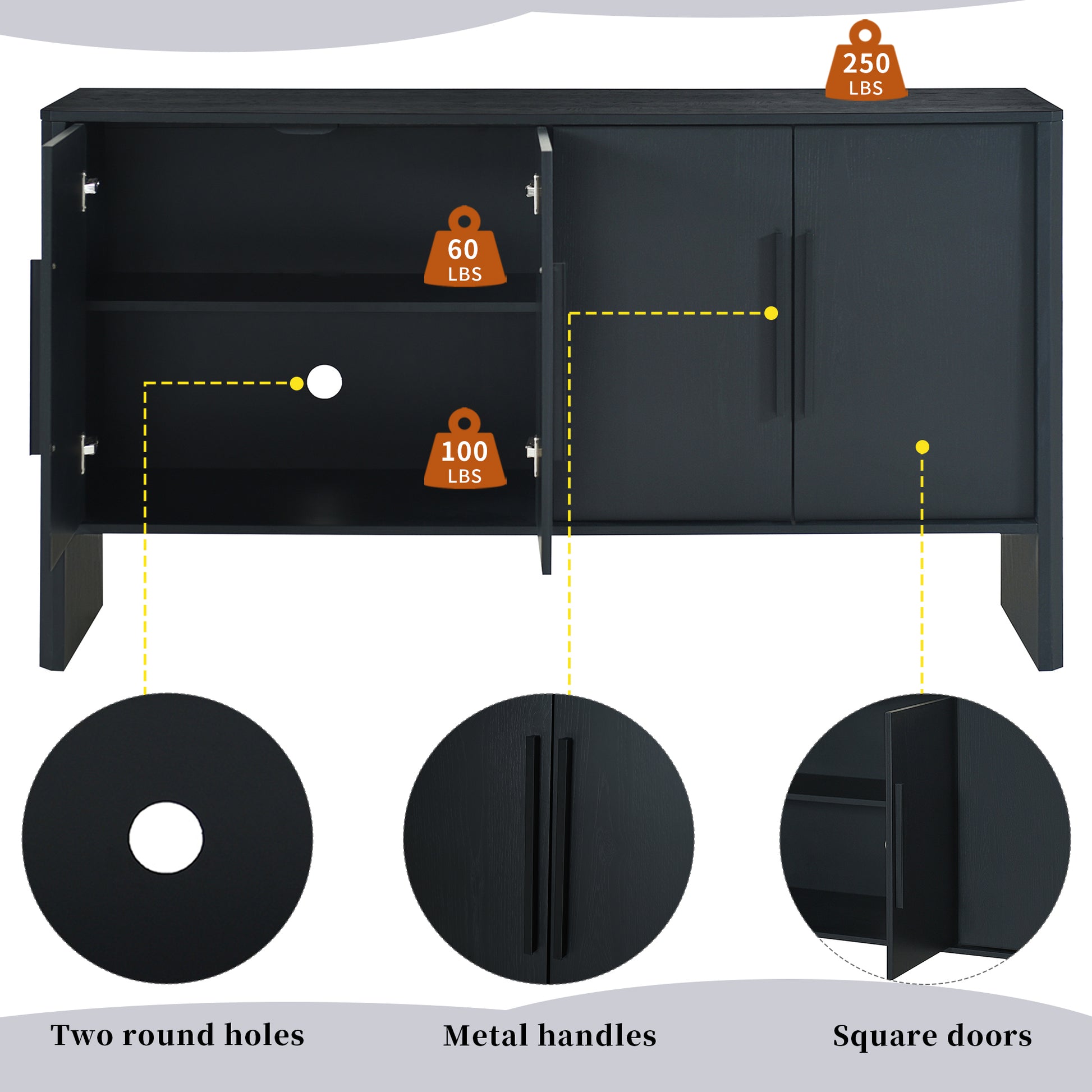 4 Door Large Storage Retro Sideboard With Adjustable Shelves And Long Handles For Kitchen, Dining Room And Living Room Black Black Mdf