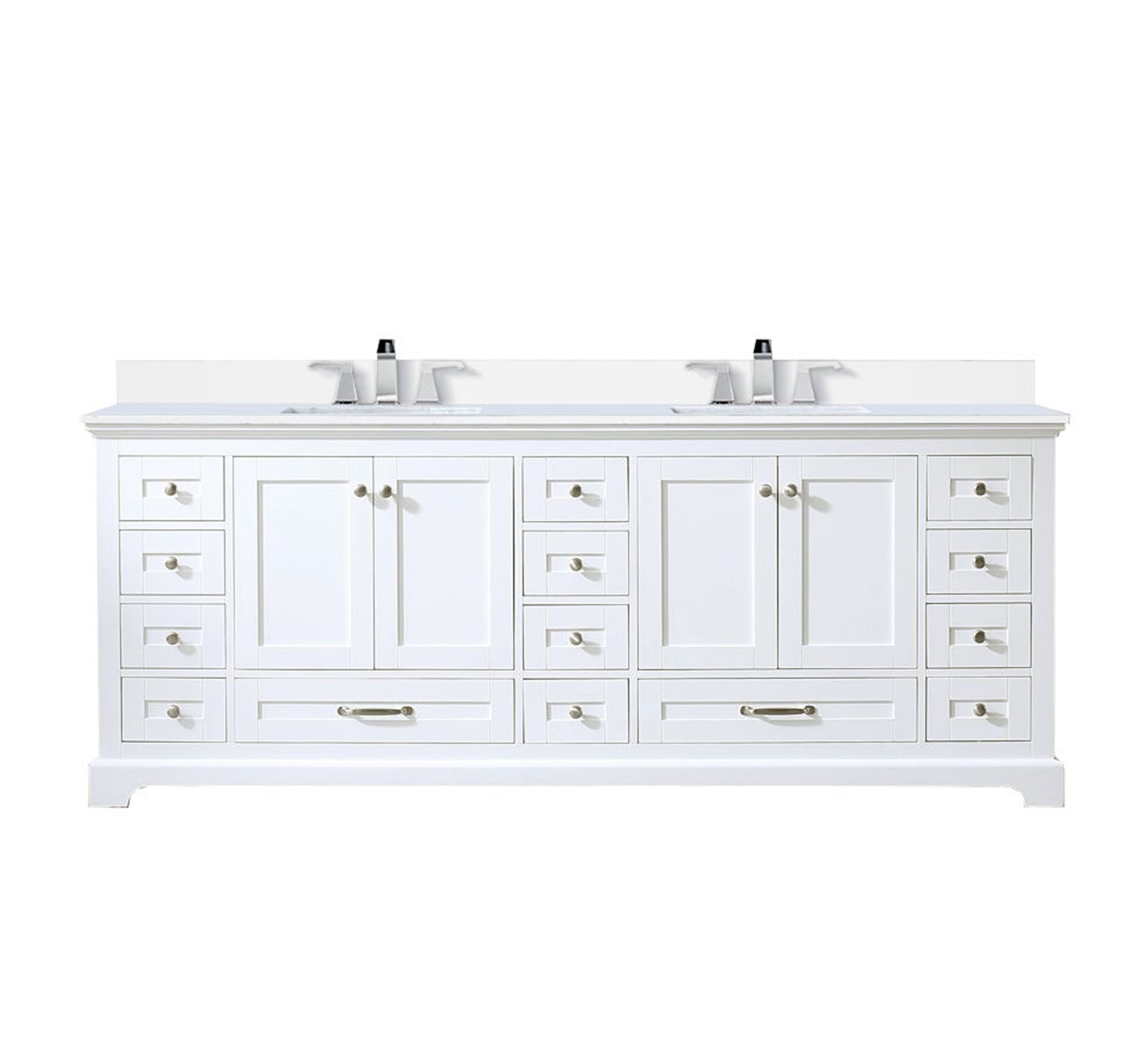 White Double Bath Vanity 84 In. W X 22 In. D, White Quartz Top, And Faucet Set White Plywood Wood