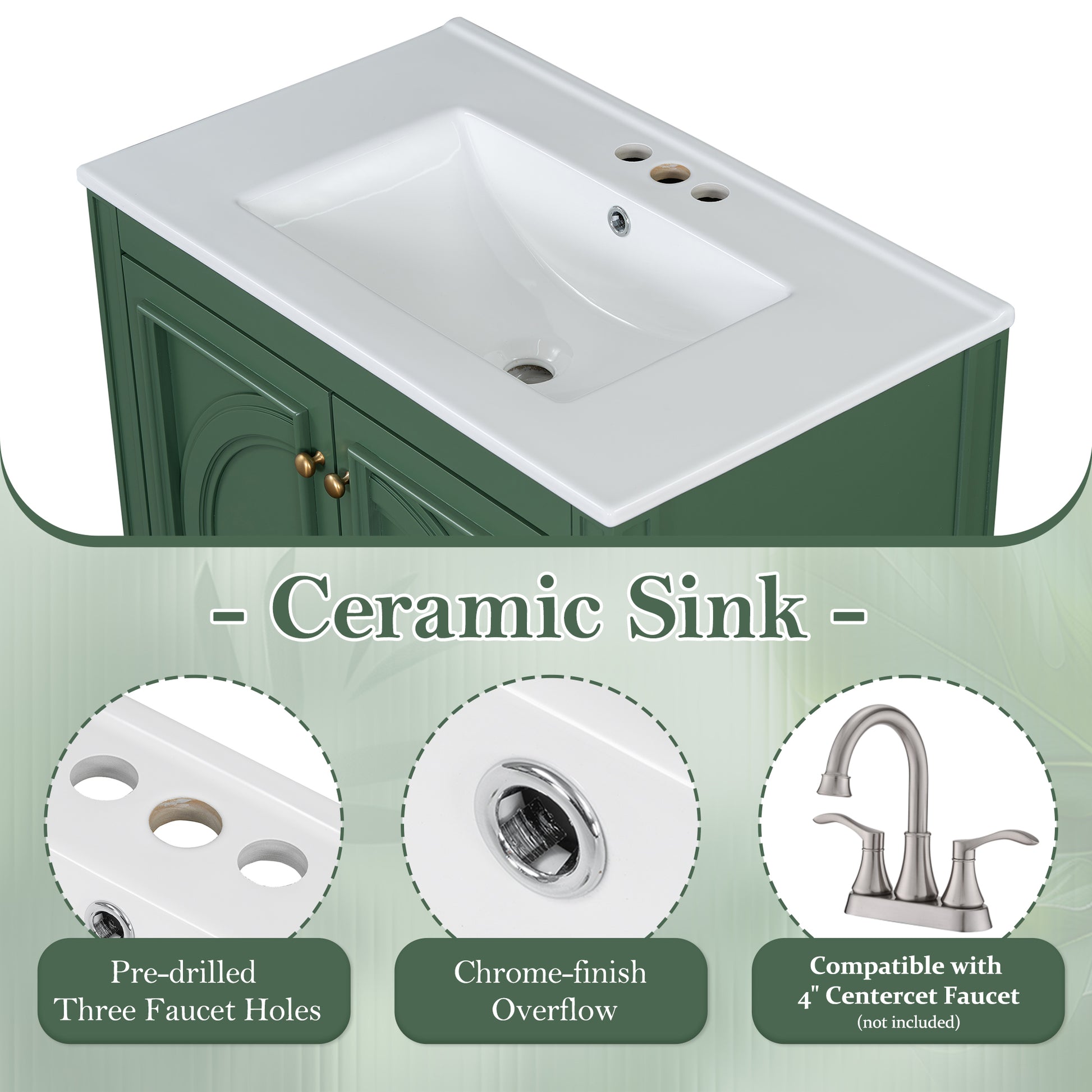 30" Bathroom Vanity With Sink, Two Doors With Shelf, Soft Close Door Hinges, Vintage Style, Green Green Ceramic Mdf,Rubber Wood