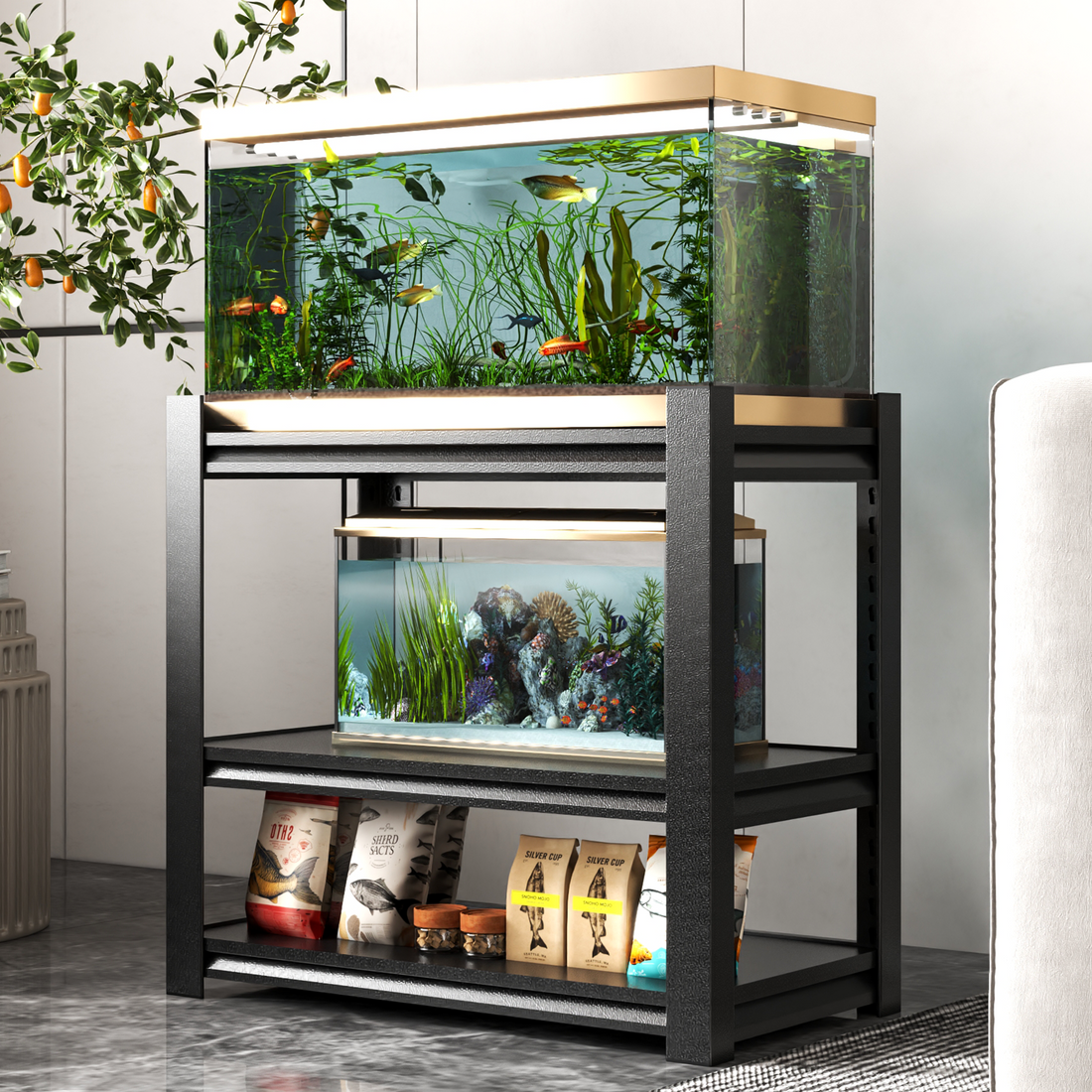 40 50 Gallon Fish Tank Stand Metal Aquarium Stand, 31.5 "L X 18 "W X 34"H Adjustable Heavy Duty Reptile Tank Stand, Adjustable 3 Tier Fish Tank Rack Shelf For Home Office, Tank Not Included 3 Black Standard Horizontal Primary Living Space Open Back Metal