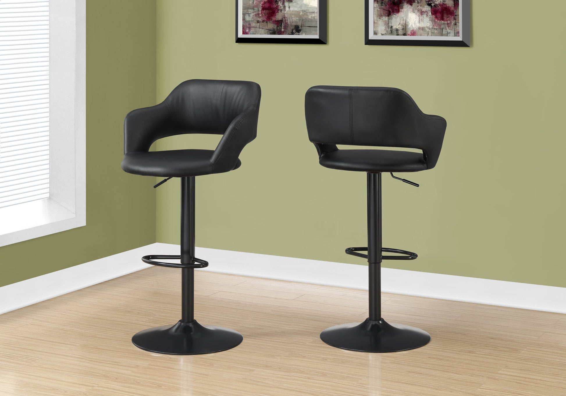 Bar Stool, Swivel, Bar Height, Adjustable, Black Metal, Leather Look, Contemporary, Modern Black Foam Faux Leather