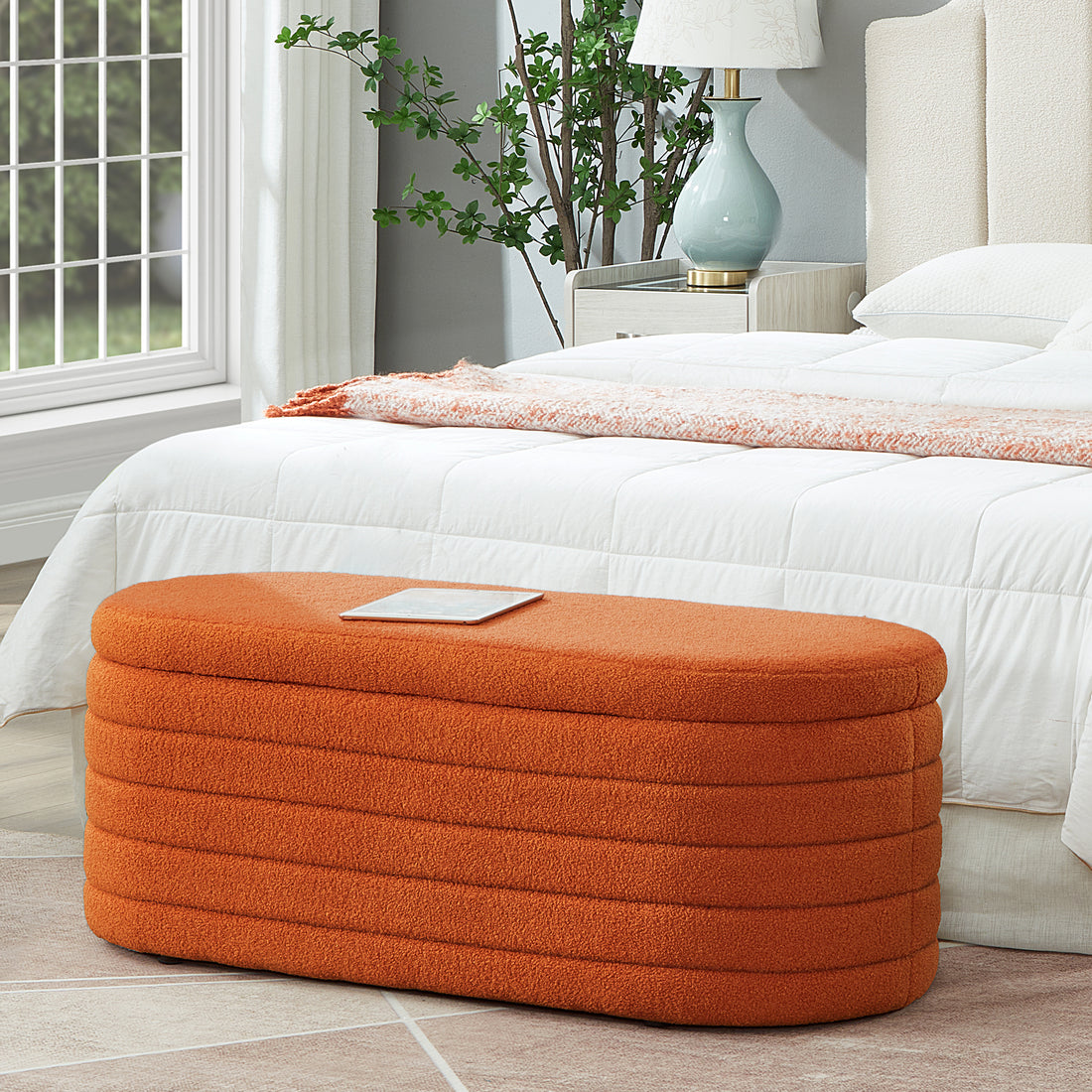 Modern Oval Storage Ottoman Bench, Upholstered Boucle Teddy Fabric End Of Bed Bench With Storage, End Of Bed Stool With Safety Hinge For Bedroom, Living Room, Entryway, Orange Orange Primary Living Space Oval Black American Design,Contemporary,Luxury,Mid