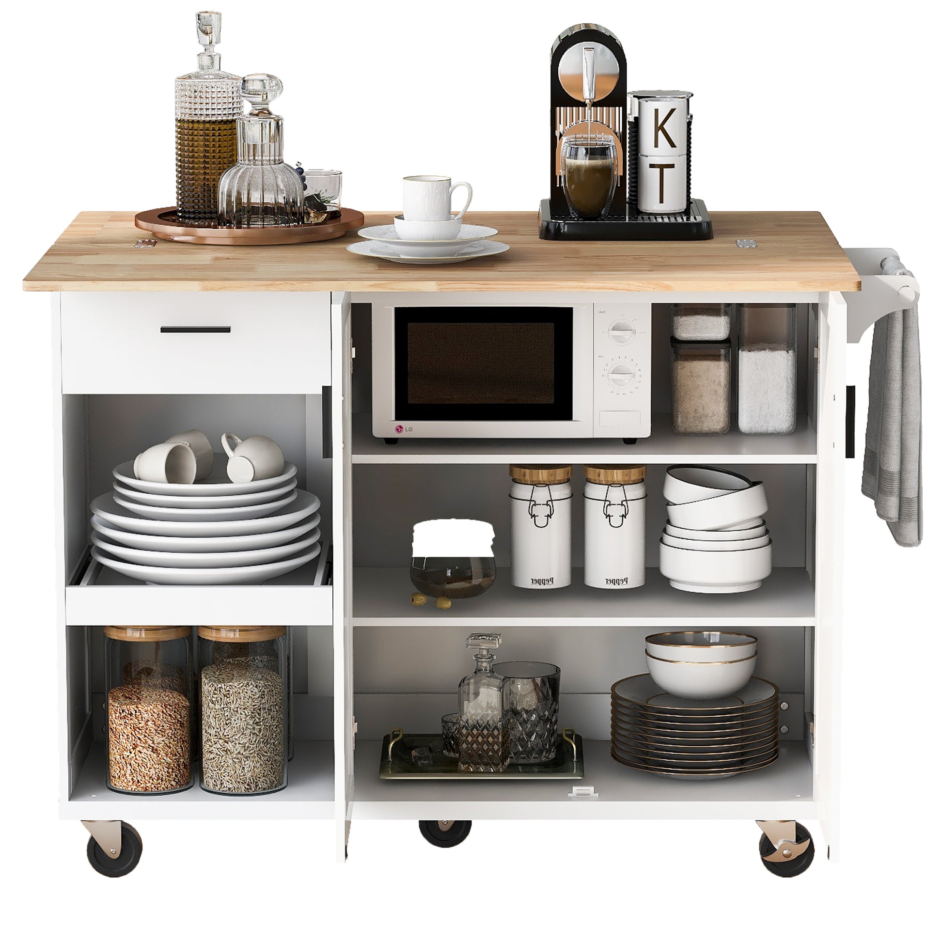 K&K Kitchen Island With Foldable Counter Top, Kitchen Storage Cart With Slide Out Shelf, Towel Rack And Drawer, Rolling Kitchen Cart On Wheels, For Kitchen, Living Room, Dining Room, White White Brown Kitchen Classic,Farmhouse,Luxury,Modern Rectangular