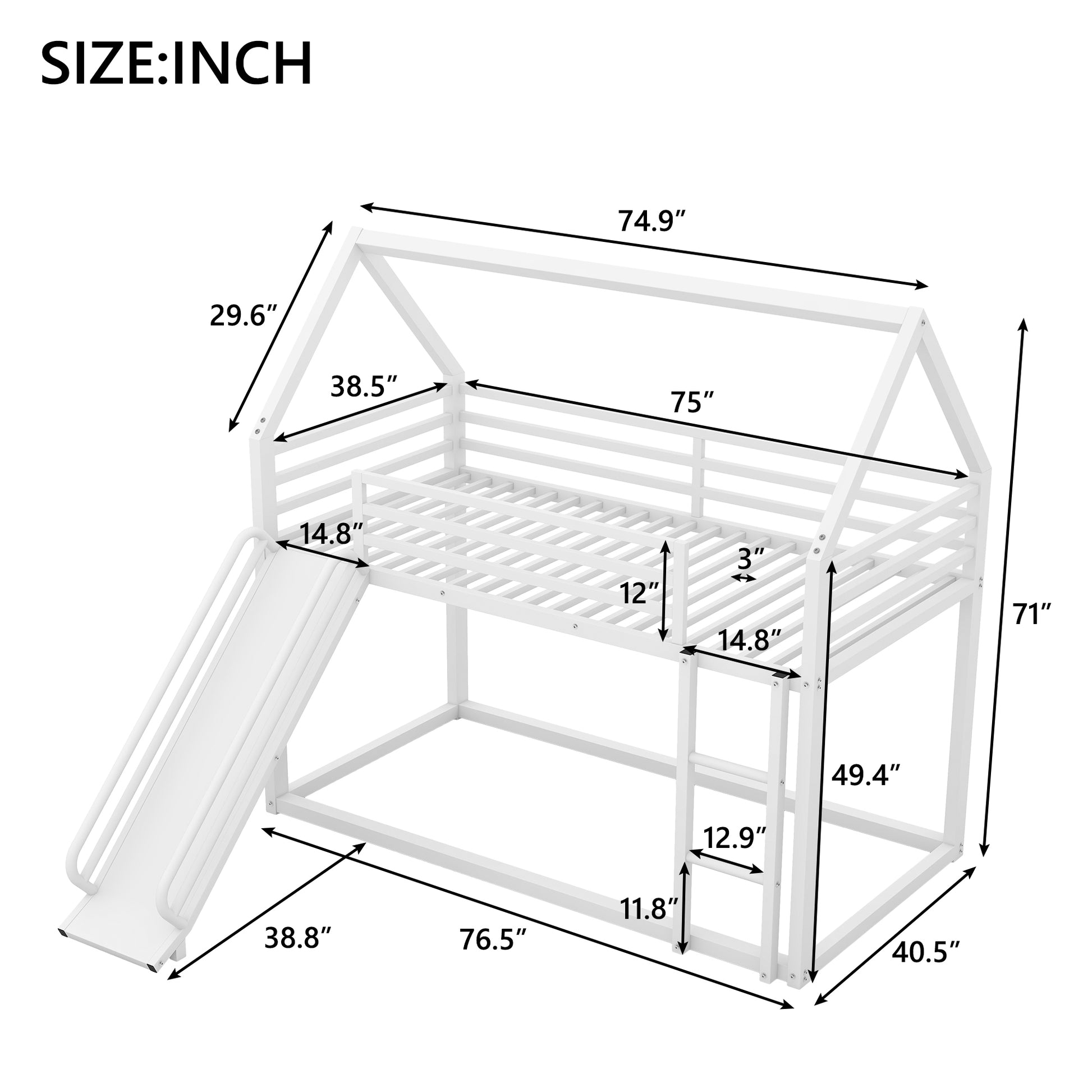 Twin Over Twin House Bunk Bed With Ladder And Slide,White Twin White Metal