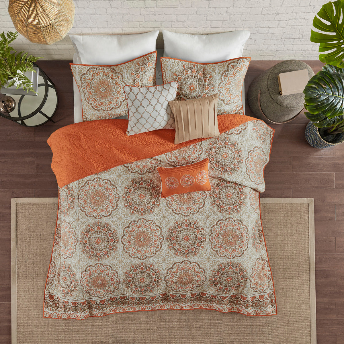 6 Piece Reversible Quilt Set With Throw Pillows Orange King Cal King Orange Cotton