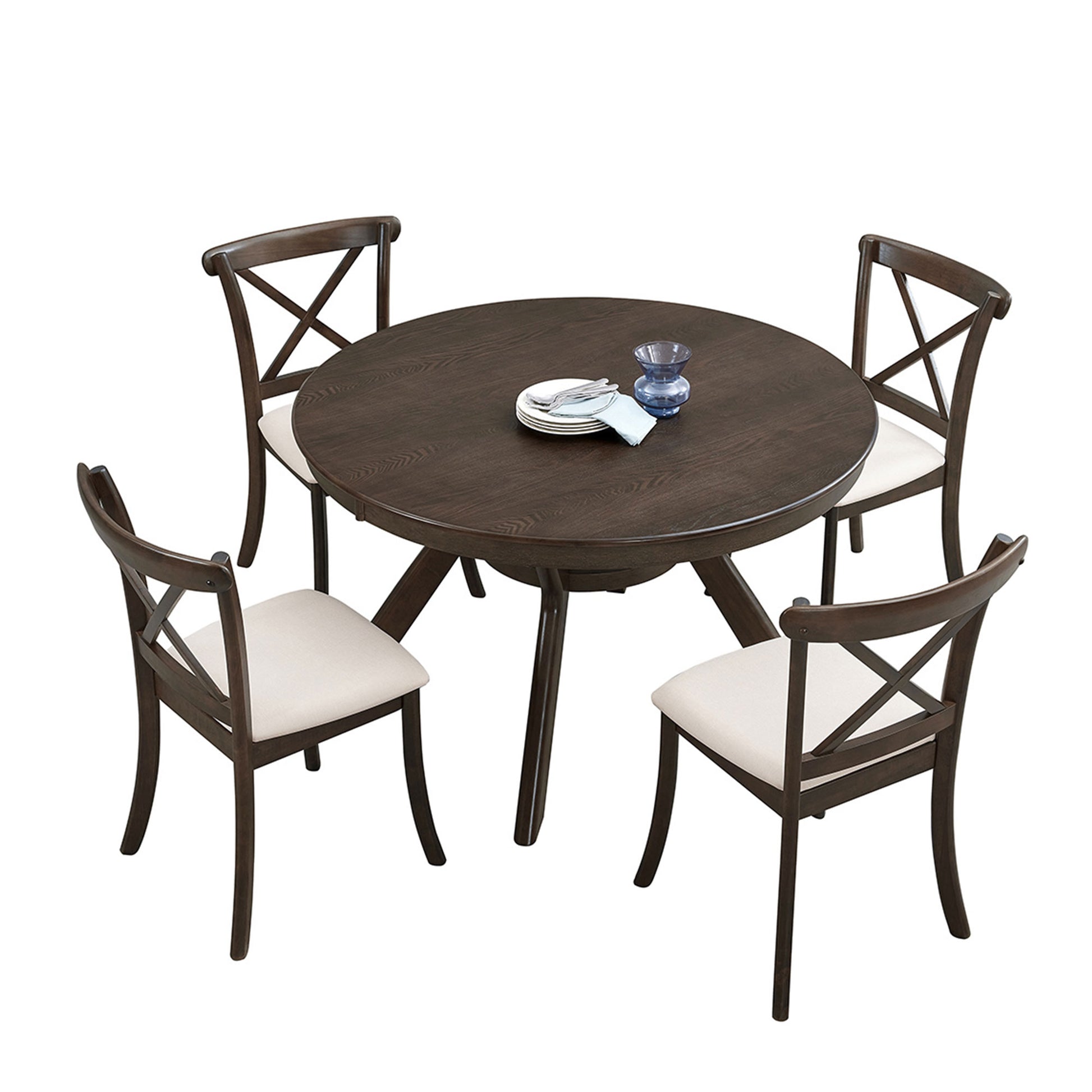 Wooden Dining Table Set, Mid Century Modern Round Rubber Wood Kitchen Table And Cross Back Upholstered Dining Chairs For Dining Room, Kitchen, Saving Space 1 Table With 4 Chairs , Brown Brown Solid