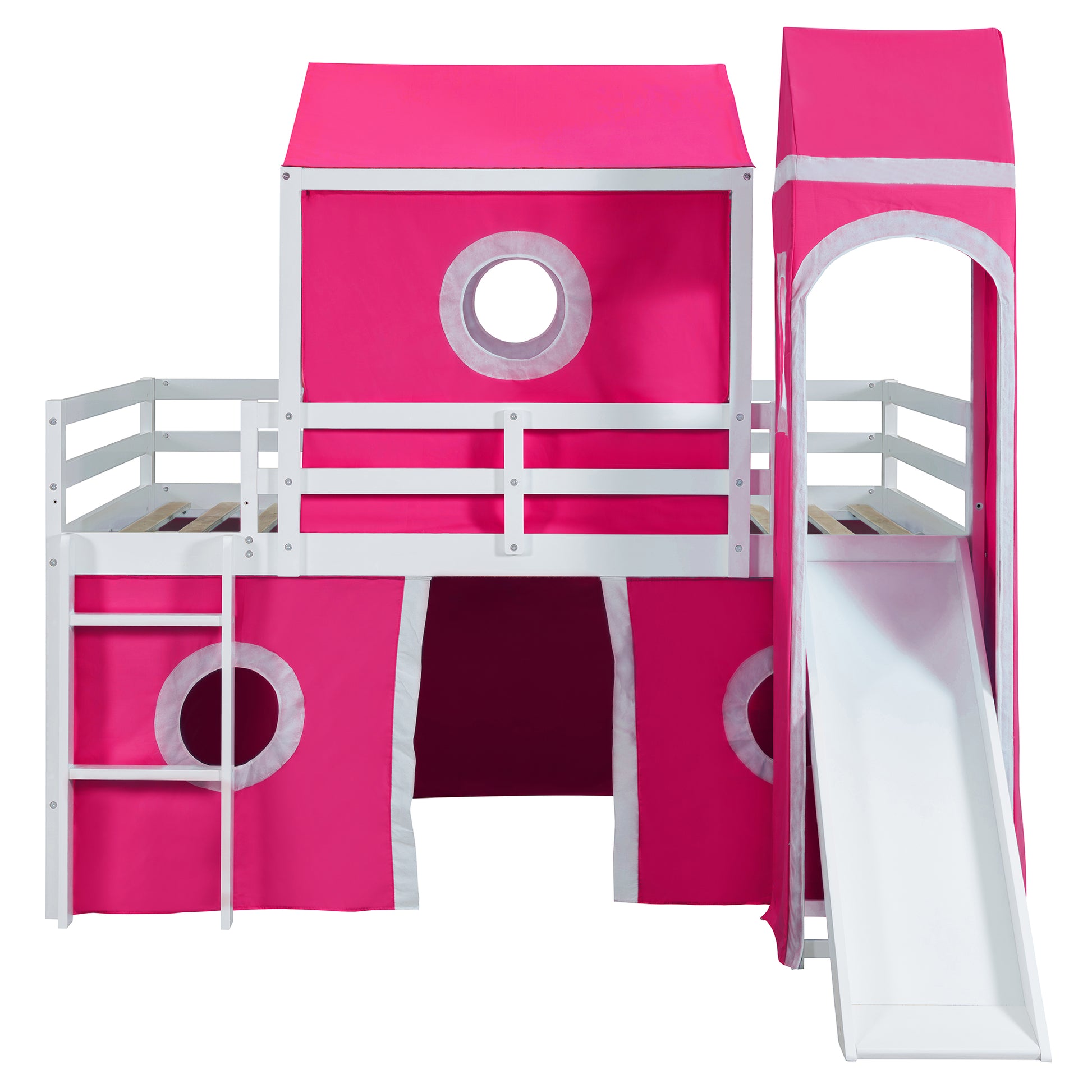 Full Size Loft Bed With Slide Pink Tent And Tower Pink Old Sku:Wf298771Aah Full Pink Solid Wood