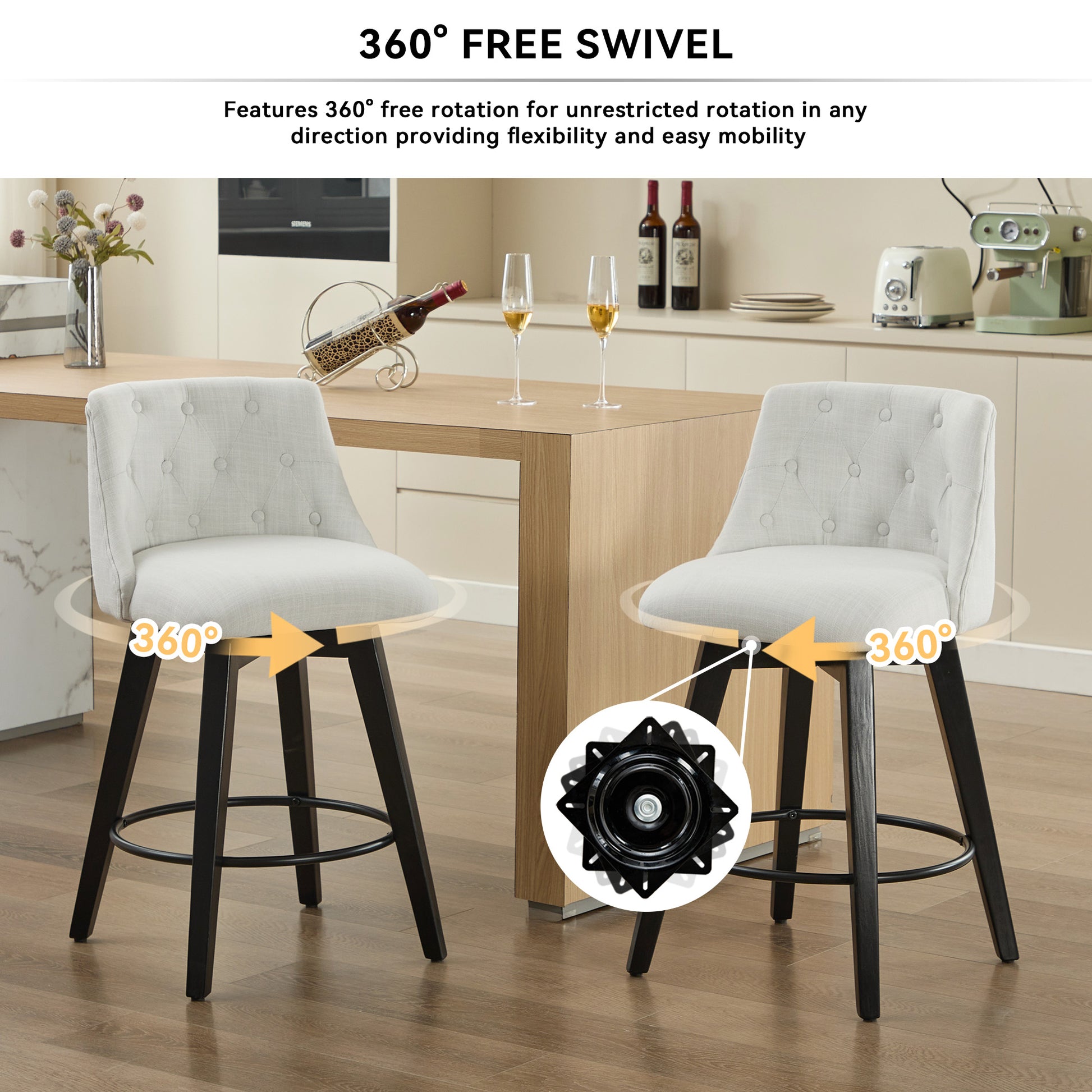 007 Swivel Counter Chairs, Modern Linen Fabric With Button Tufted Backrest, Stylish Bar Stools, Set Of 2 For Bar, Kitchen Island, Dining Room, White White Foam Modern Bar Stools Set Of 2 Foam Linen