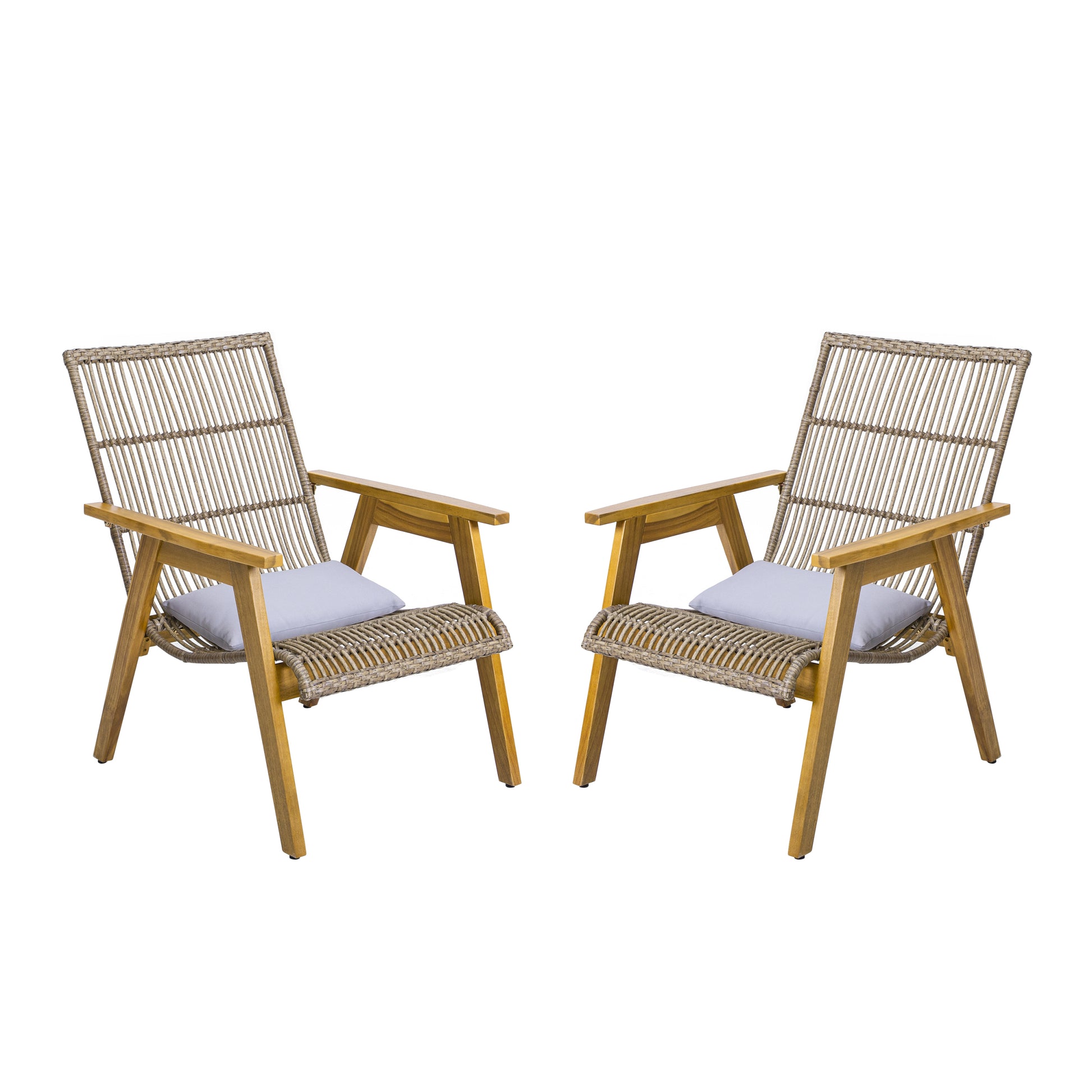 Set Of 2, Acacia Wood Cape Woven Wicker Large Lounge Chair With Pillow For Patio, Deck, Yard, Lawn And Garden Seating, Teak Finish Natural Wicker Light Grey Fabric Teak 2 Person Seating Group Acacia Wood