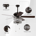 52'' Classical Crystal Ceiling Fan Lamp,3 Speed5 Reversible Blades For Living Room, Dining Room, Bedroom, Family Room, Rustic Bronze ,3Pcs*E12 No Include Bulb, Hand Pull Chain Rustic Brown American Traditional,Antique,Classic,Contemporary Abs Metal