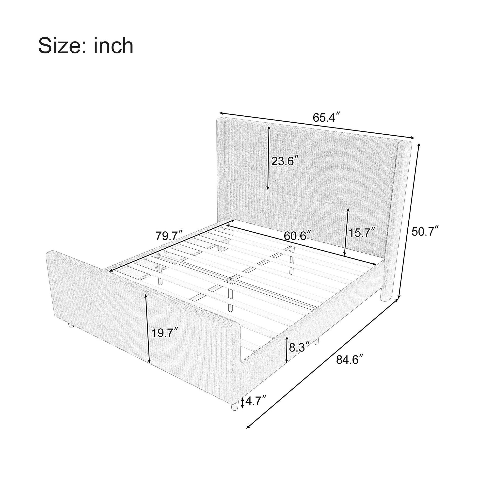 50.7'' High Headboard Corduroy Upholstered Bed Frame With Vertical Stripe Wingback And High Footboard No Box Spring Needed, Queen Size, Taupe Box Spring Not Required Queen Taupe Wood Bedroom Modern Bed Frame Wood