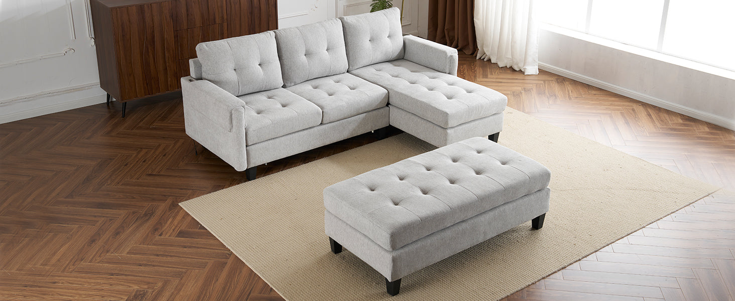 83.4" L Shaped Sofa Sectional Couch Sofa Bed With Two Usb Ports, A Movable Ottoman And A Reversible Chaise Lounge For Living Room, Grey Grey Foam Chenille 5 Seat