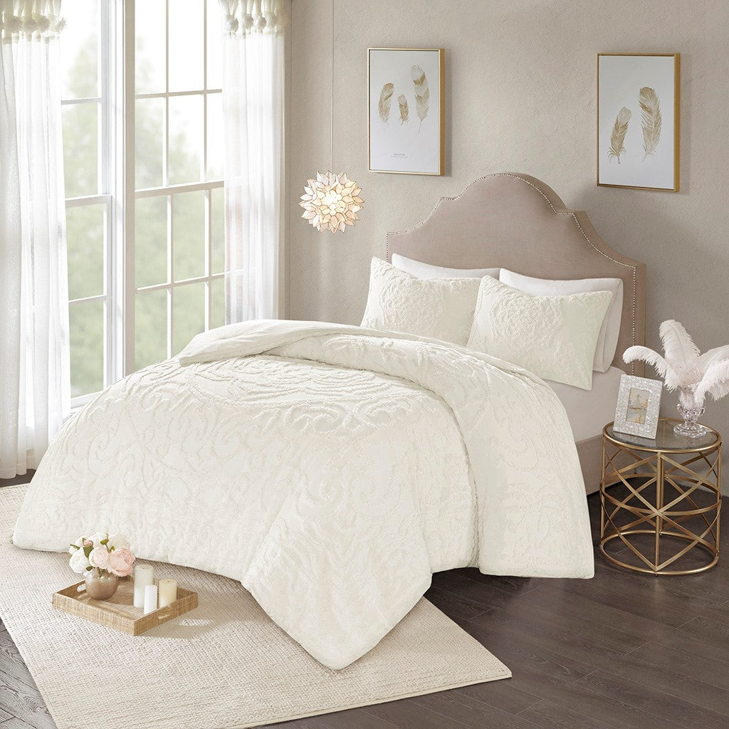 3 Piece Tufted Cotton Chenille Medallion Duvet Cover Set Queen Off White Cotton