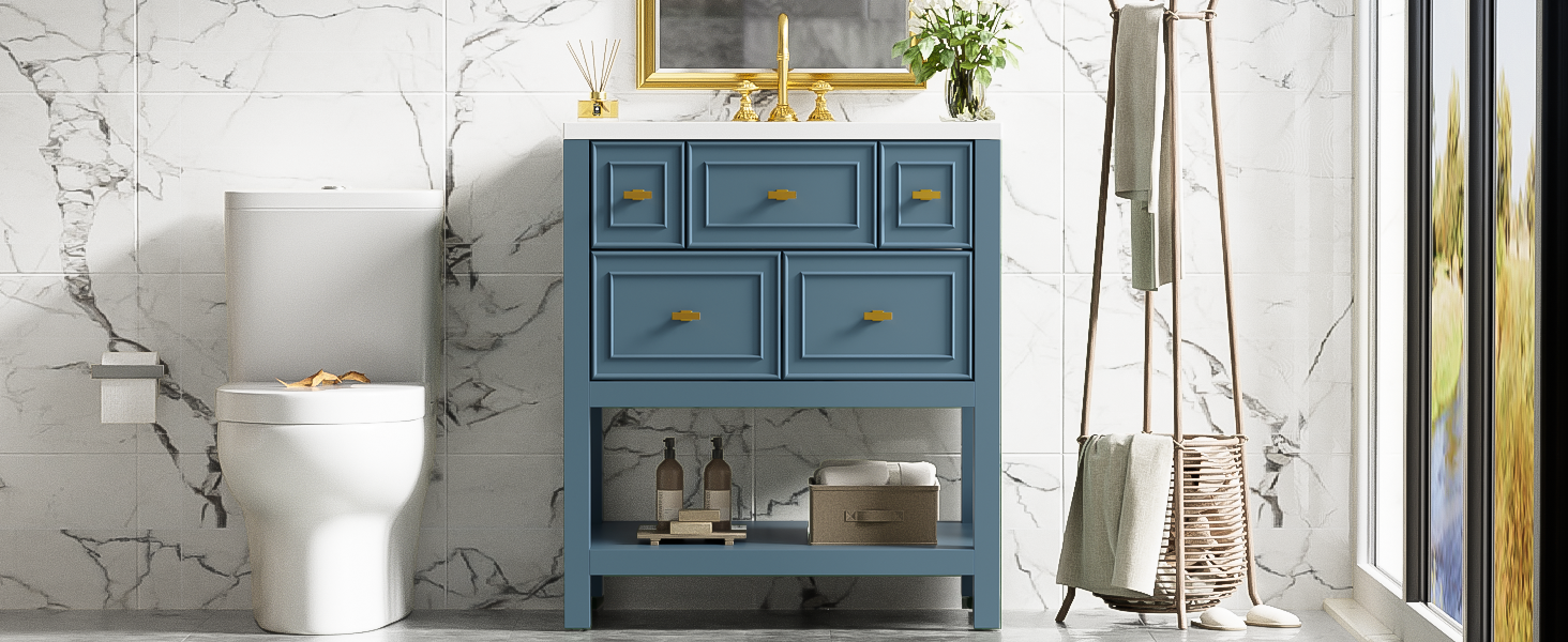 30'' Bathroom Vanity With Resin Sink Combo, Free Standing Single Vanity Set With 5 Drawers, Solid Wood Frame Bathroom Storage Cabinet, Blue 4 Blue 1 Bathroom Freestanding Modern Solid Wood Mdf Resin Painted