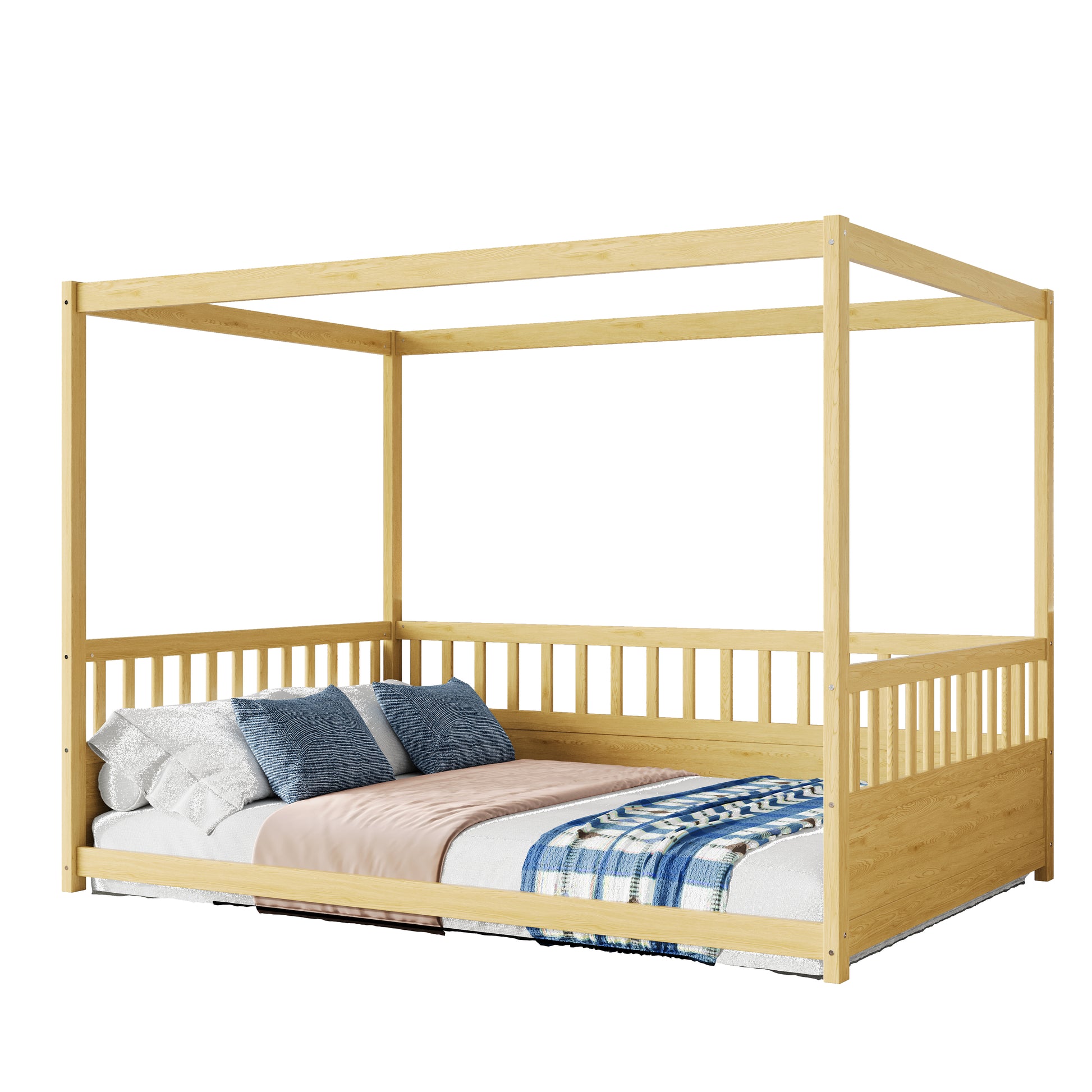 Full Size Canopy Bed Frame With Guardrails For Kids,Floor Bed Full With Four Poster Design,Kids Montessori Floor Bed,Wood Canopy Bed Frame For Girls,Boys Full,Natural Box Spring Required Full