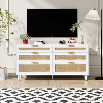 59" Rattan Dresser With Drawers, 6 Drawer Dresser For Bedroom, Clothes Storage Cabinet For Bedroom, Metal Handle&Wood Legs For Hallway, Living Room, Bedroom,White White Mdf Metal