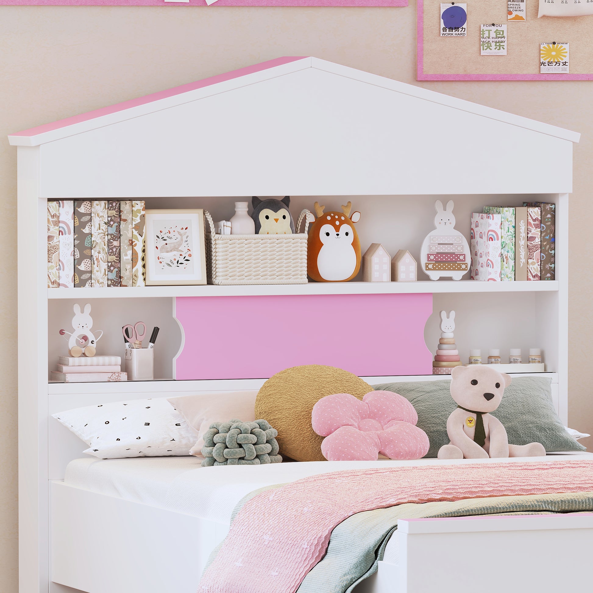 Twin Size House Shaped Wooden Bed With Storage Shelf On The Headboard, Built In Two Storage Drawers, Pink Pink White Wood