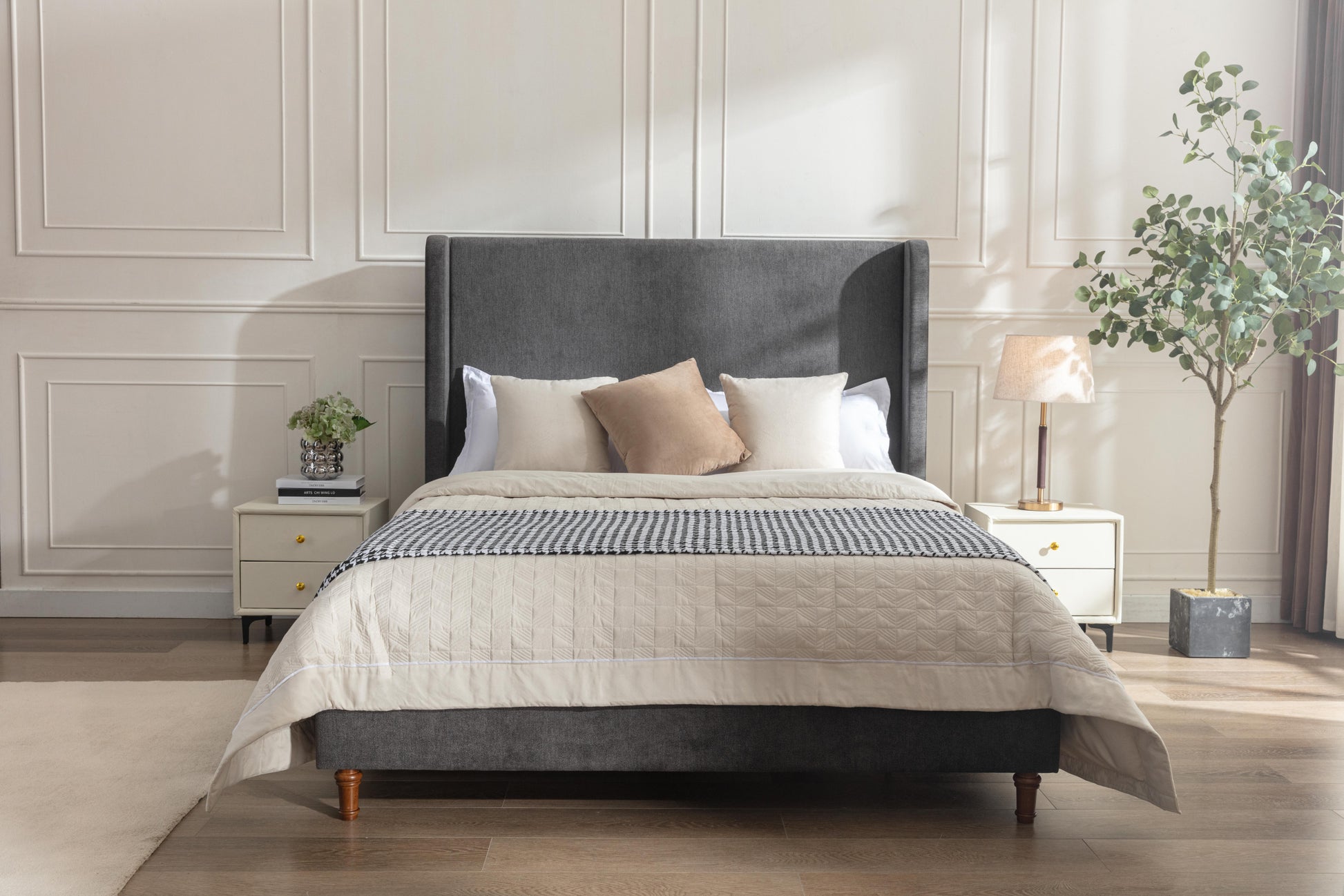 Same As B083P152031 Harper Tall Headboard Upholstered Bed 54" High Headboard Elegant Simplicity No Box Spring Needed Easy Assembly Queen Dark Gray Velvet Box Spring Not Required Queen Dark Gray Metal Brown Bedroom Contemporary Oak Bed Frame Foam Velvet