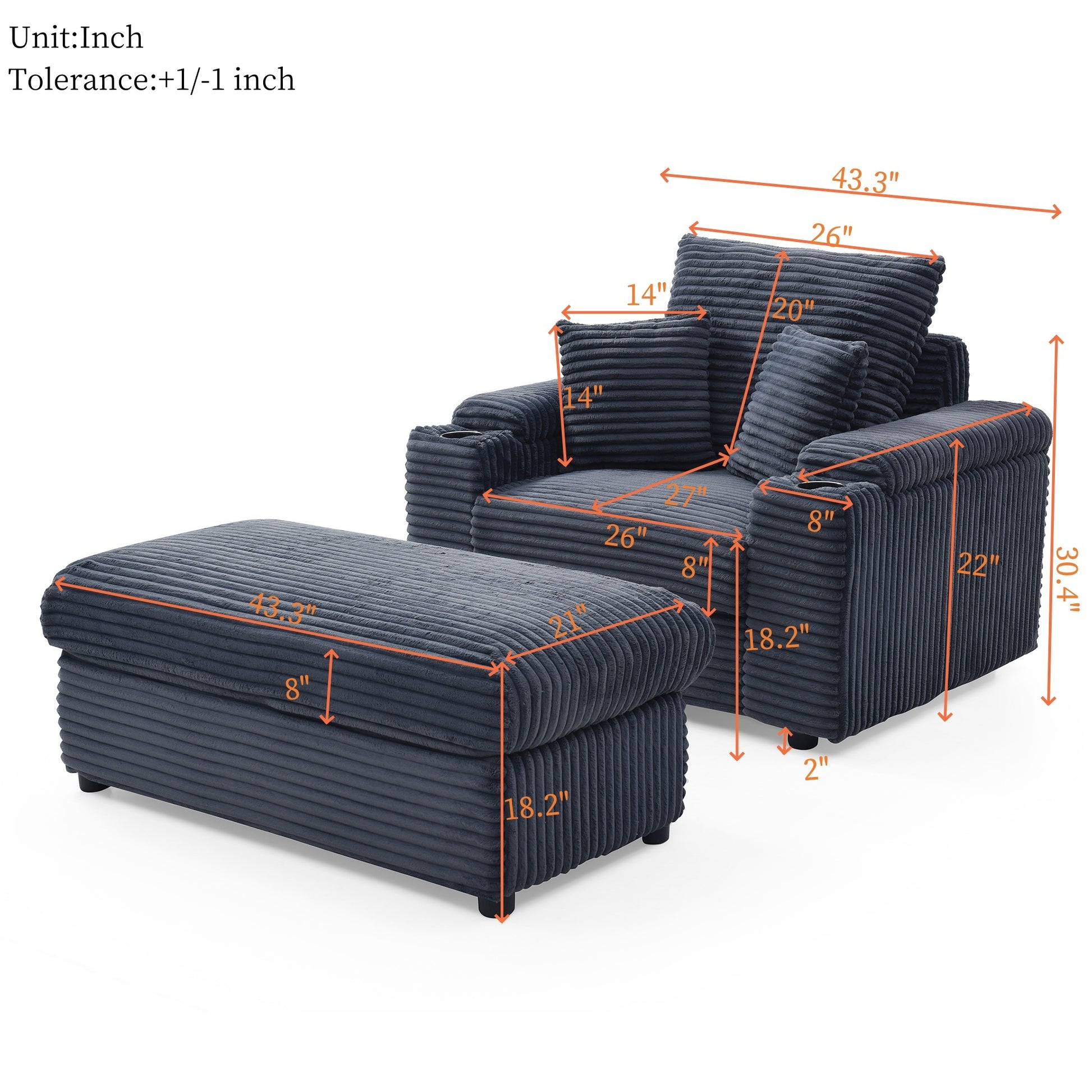 Oversized Accent Chair With Ottoman, Single Sofa Chair With Large Seat And Extra Wide Armrests, Modern Comfy Armchair Reading Chairs For Bedroom Living Room, Grey Dark Grey Wood Primary Living Space