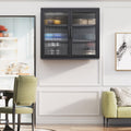 Retro Style Haze Double Glass Door Wall Cabinet With Detachable Shelves For Office, Dining Room,Living Room, Kitchen And Bathroom Black Black Tempered Glass Sheet Metal Plastic