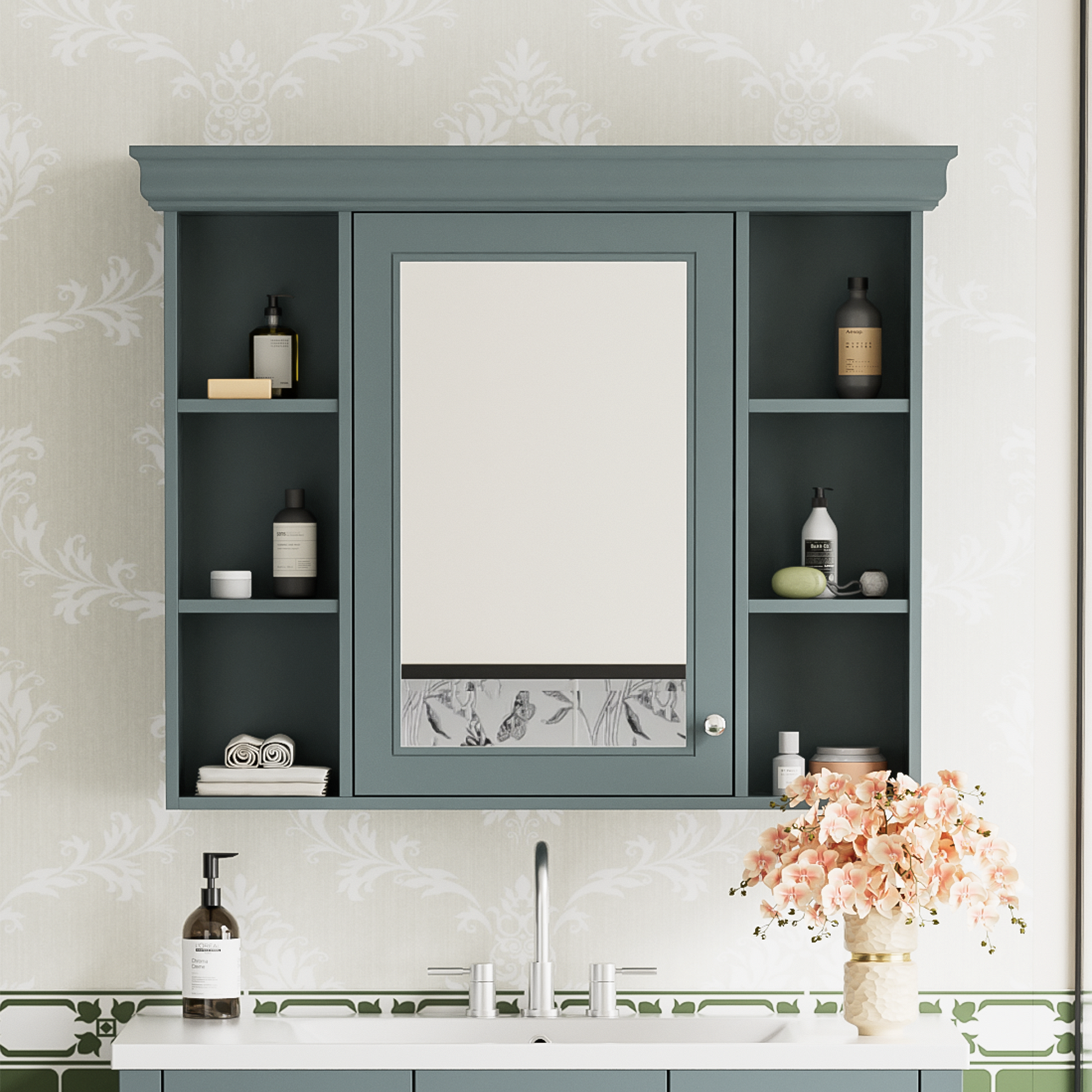 35'' X 28'' Blue Wall Mounted Bathroom Storage Cabinet With Mirror Door, Modern Bathroom Wall Cabinet With Mirror, Medicine Cabinet With 6 Open Shelves Blue 5 Adjustable Shelves Bathroom Wall Mounted Mdf Painted