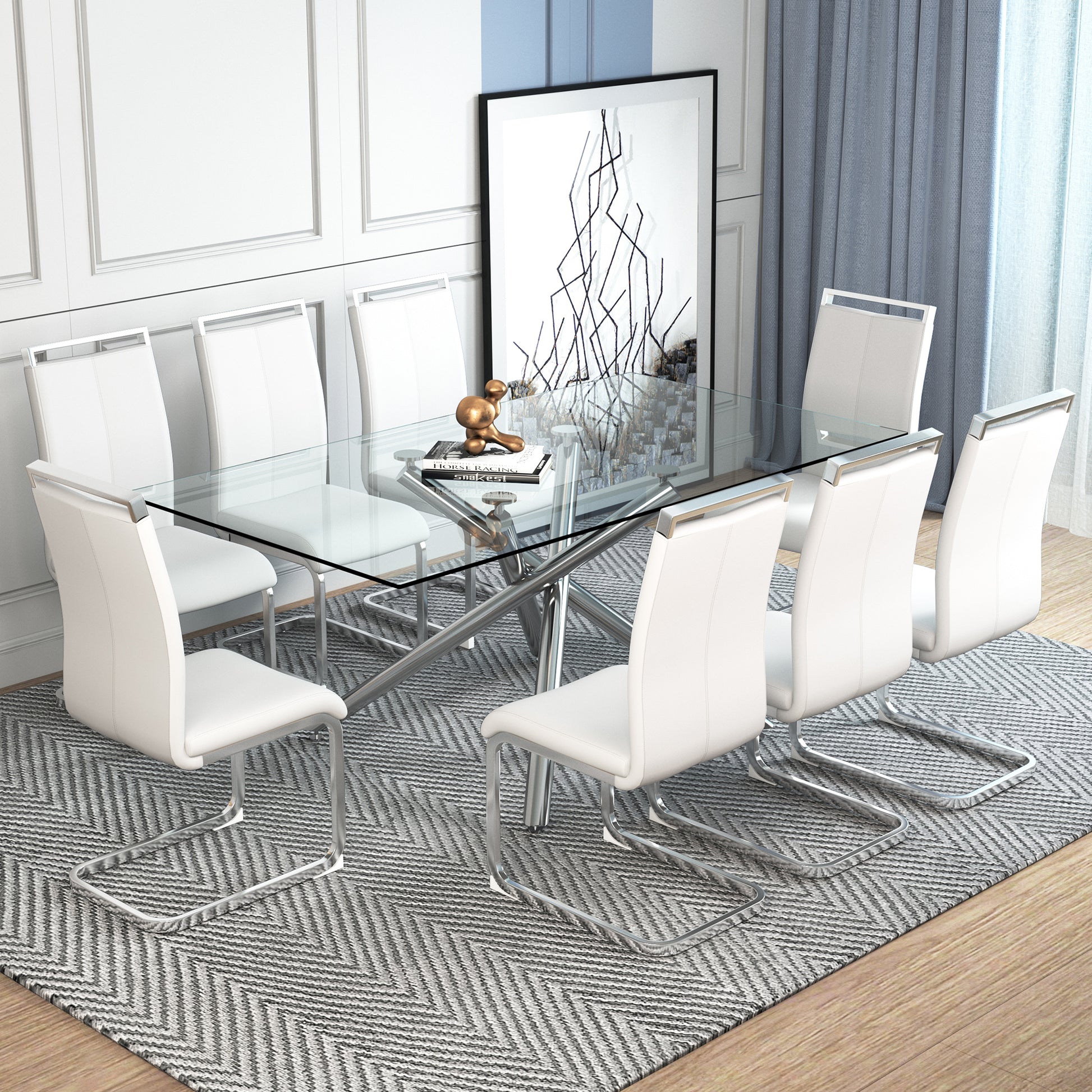 Table And Chair Set.Modern Luxurious Transparent Tempered Glass Dining Table Set.Paried With 8 Chairs With Pu Cushion And Silver C Tube Metal Legs. Transparent,White Seats 8 Glass Metal