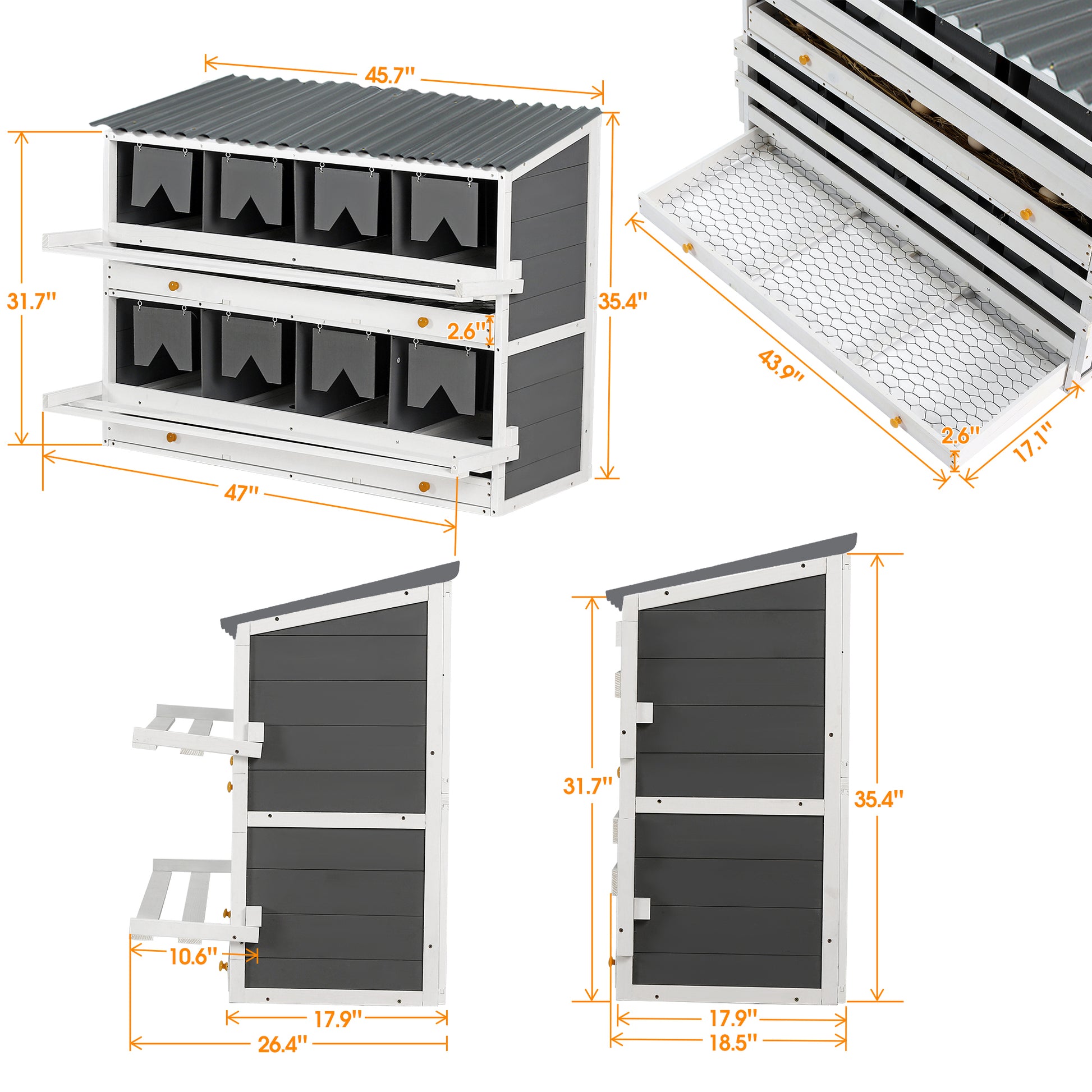 Nesting Boxes For Chickens, Wooden Chicken Nesting Box, 8 Compartments Egg Laying Boxes For Hens, Ducks And Poultry With Rollout Eggs Collection, Pvc Roofing And Foldable Perches, 47"Lx26.4"Wx35.4"H White Gray Solid Wood