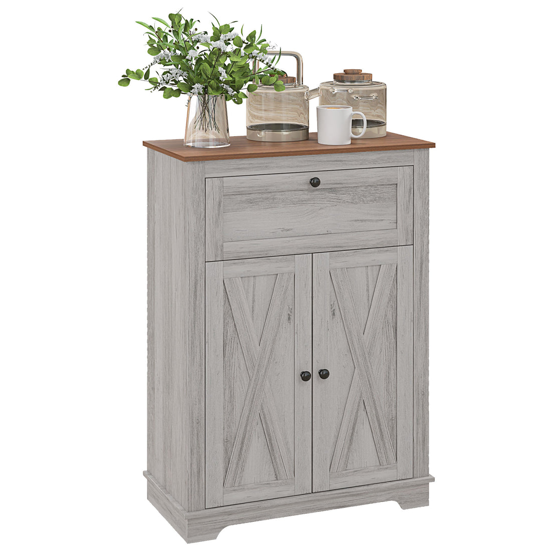 Homcom Farmhouse Barn Door Accent Cabinet, Kitchen Sideboard Storage Cabinet With Double Doors, Drawer, And Adjustable Shelf For Bedroom, Living Room, Light Gray Light Gray Particle Board