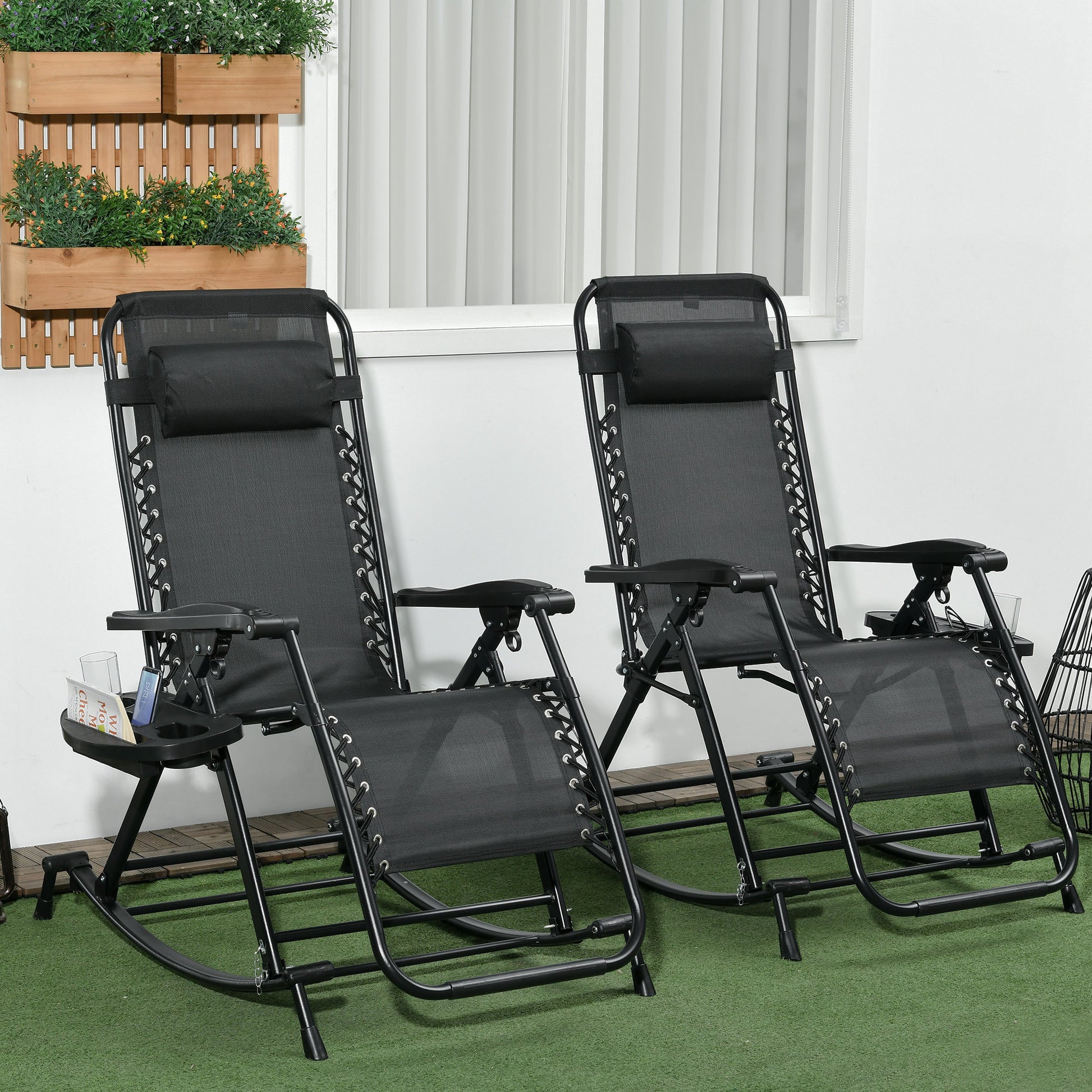 Outsunny 2 Pieces Outdoor Rocking Chairs, Foldable Reclining Zero Gravity Lounge Rocker With Pillow, Cup & Phone Holder, Combo Design With Folding Legs, Black Black Steel