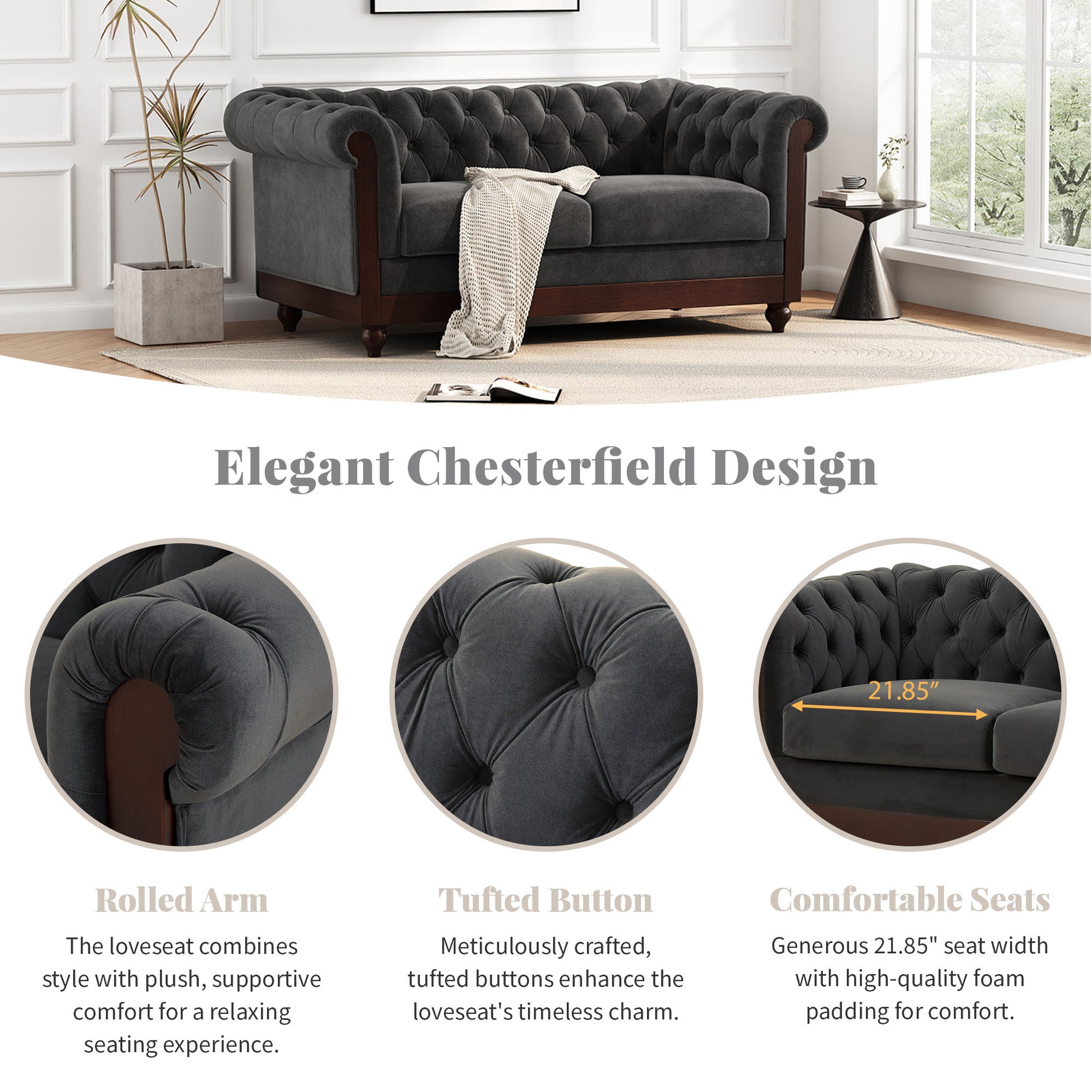 Vivalux 59.44" Chesterfield Velvet Loveseat Sofa,2 Person Rolled Arm Dutch Plush Upholstered Sofa Couch With Tufted Button For Living Room, Bedroom, Small Places,Dark Gray Dark Gray Espresso Velvet Wood Primary Living Space Soft Tufted Back