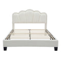 Full Size Upholstered Flower Shape Bed, Elegant Flowers Headboard With Led Light Strip, Sherpa Fabric Platform Bed With Wooden Slats Support, White Full White Wood