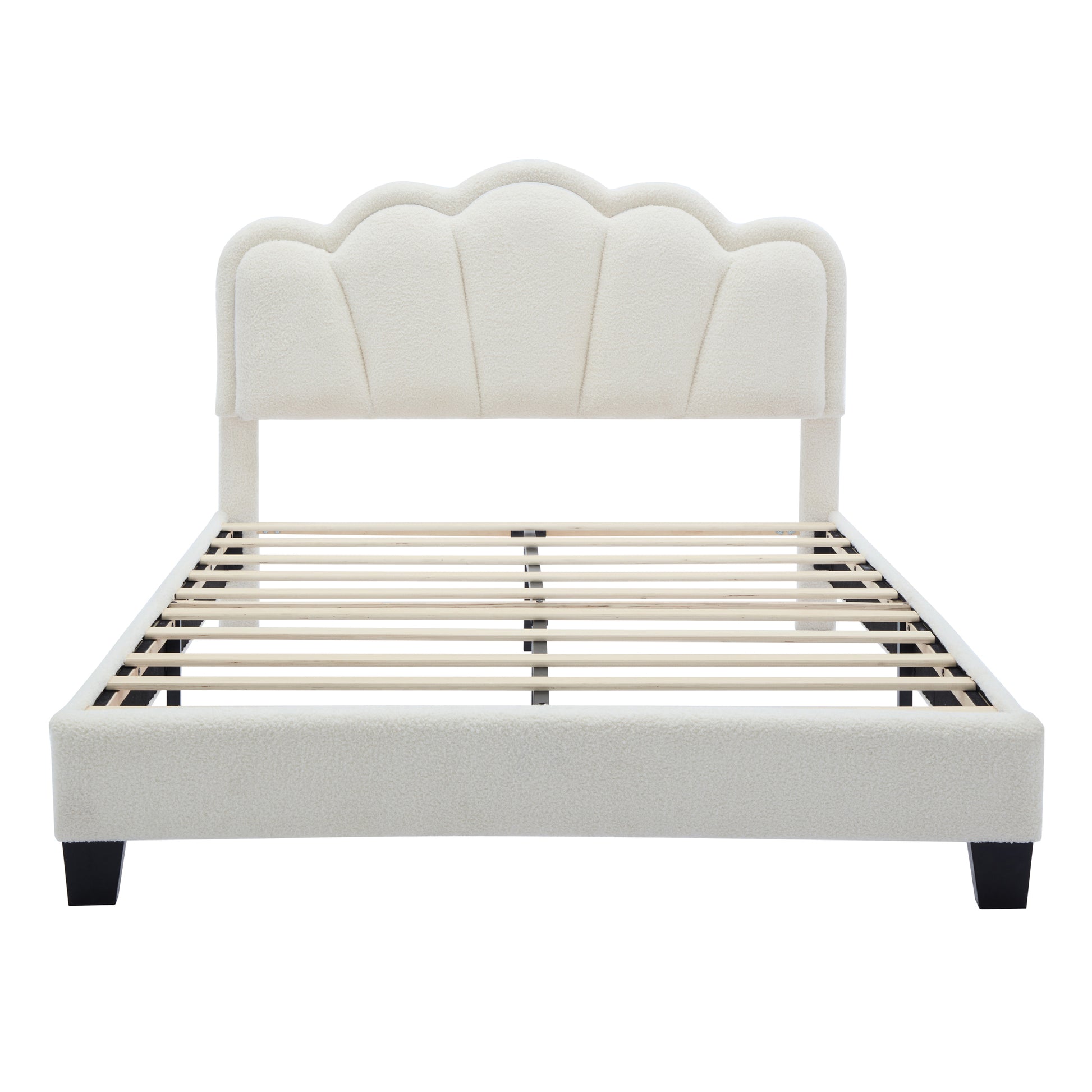 Full Size Upholstered Flower Shape Bed, Elegant Flowers Headboard With Led Light Strip, Sherpa Fabric Platform Bed With Wooden Slats Support, White Full White Wood