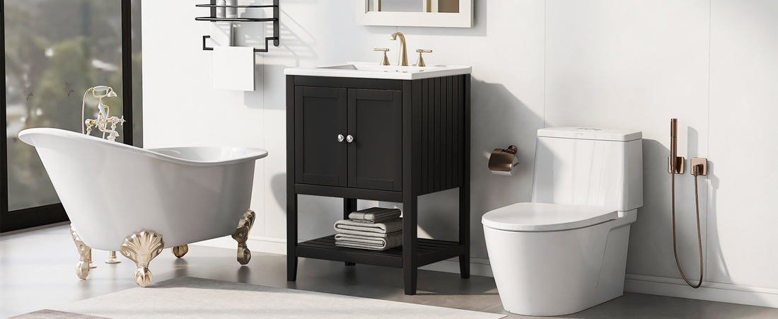 Video 24" Black Modern Sleek Bathroom Vanity Elegant Ceramic Sink With Solid Wood Frame Open Style Shelf Black Solid Wood Mdf