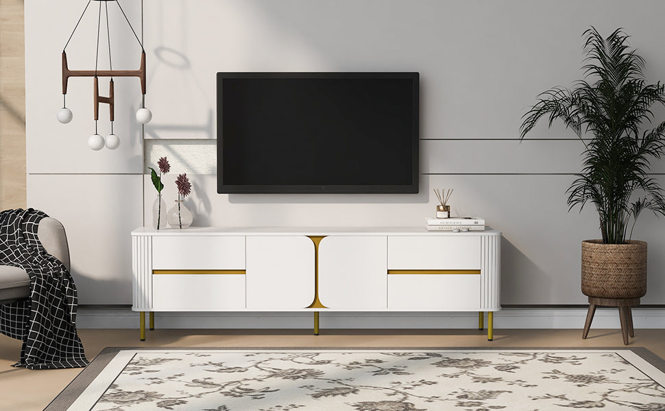 Tv Stand For Tvs Up To 80 Inches, Modern Entertainment Center Media Console With 4 Drawers And 1 Spacious Cabinet For Living Room, White White 70 79 Inches Mdf