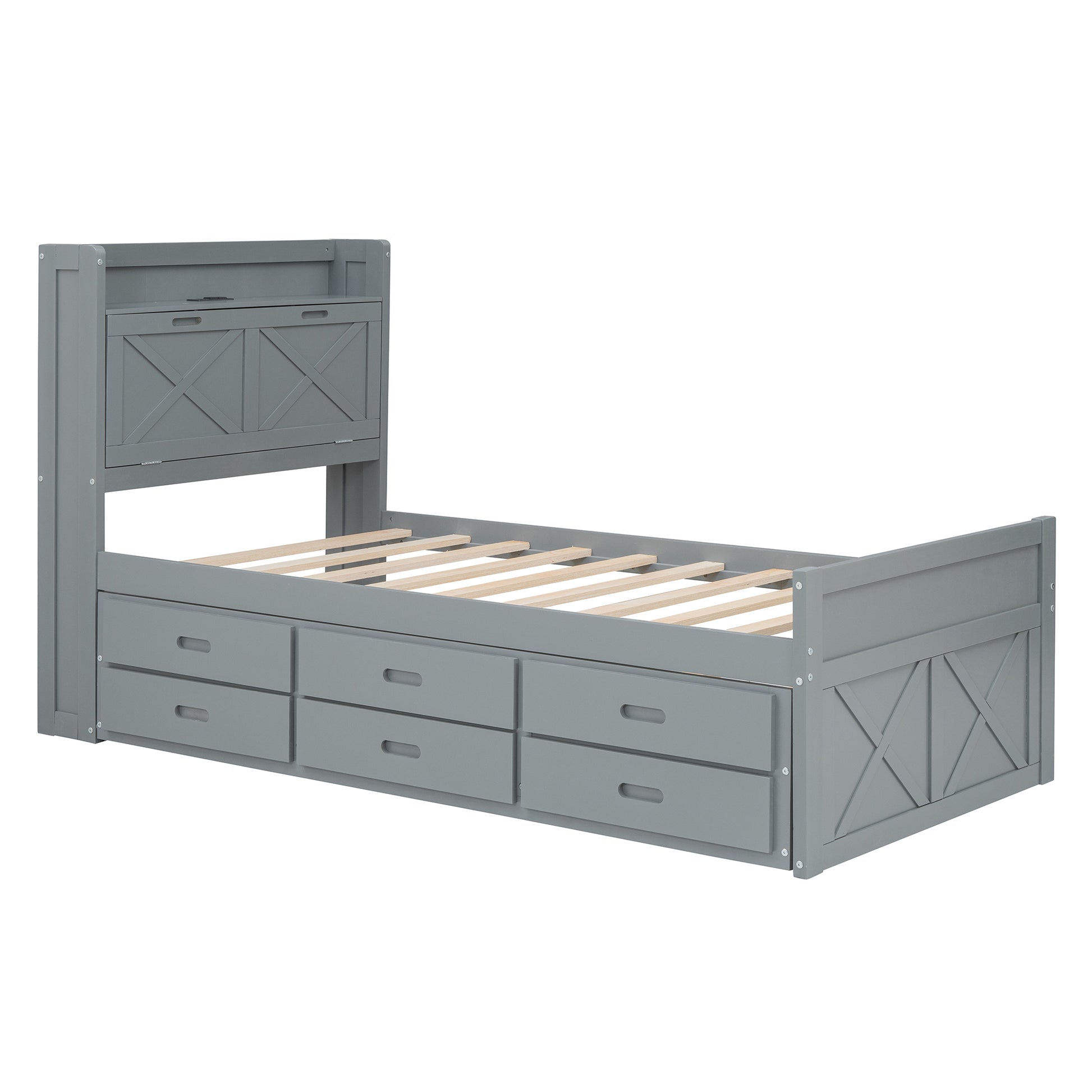 Twin Size Wooden Bed With Storage Headboard With Outlets, Extendable Bed With Twin Size Trundle With Three Storage Drawers,Gray Expected Arrival Time:8.23 Twin Gray Wood