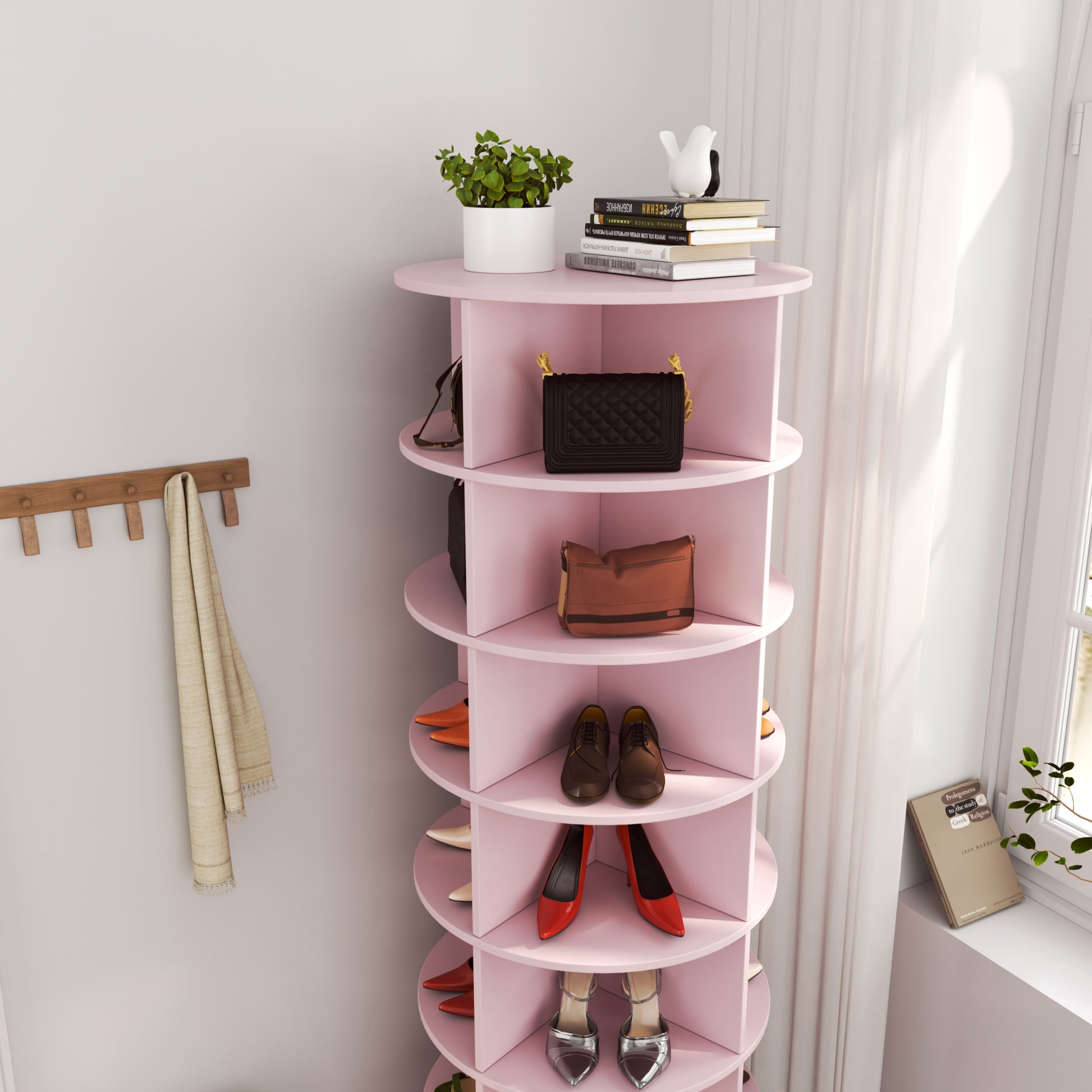 360 Pink Rotating Shoe Cabinet With 7 Layers Can Accommodate Up To 28 Paris Shoes Round 5 Or More Shelves Pink Corner Unit Primary Living Space American Design,American Traditional,Antique Plywood