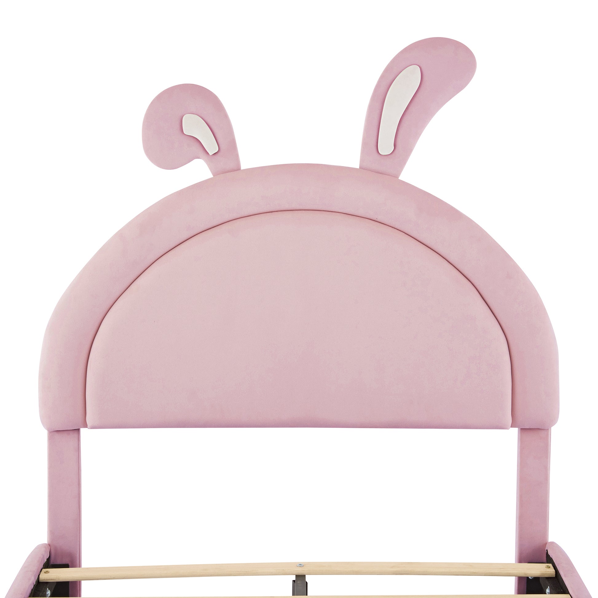 Twin Size Upholstered Rabbit Shape Bed With 2 Storage Stools, Velvet Platform Bed With Cartoon Ears Shaped Headboard, Pink Twin Pink Wood